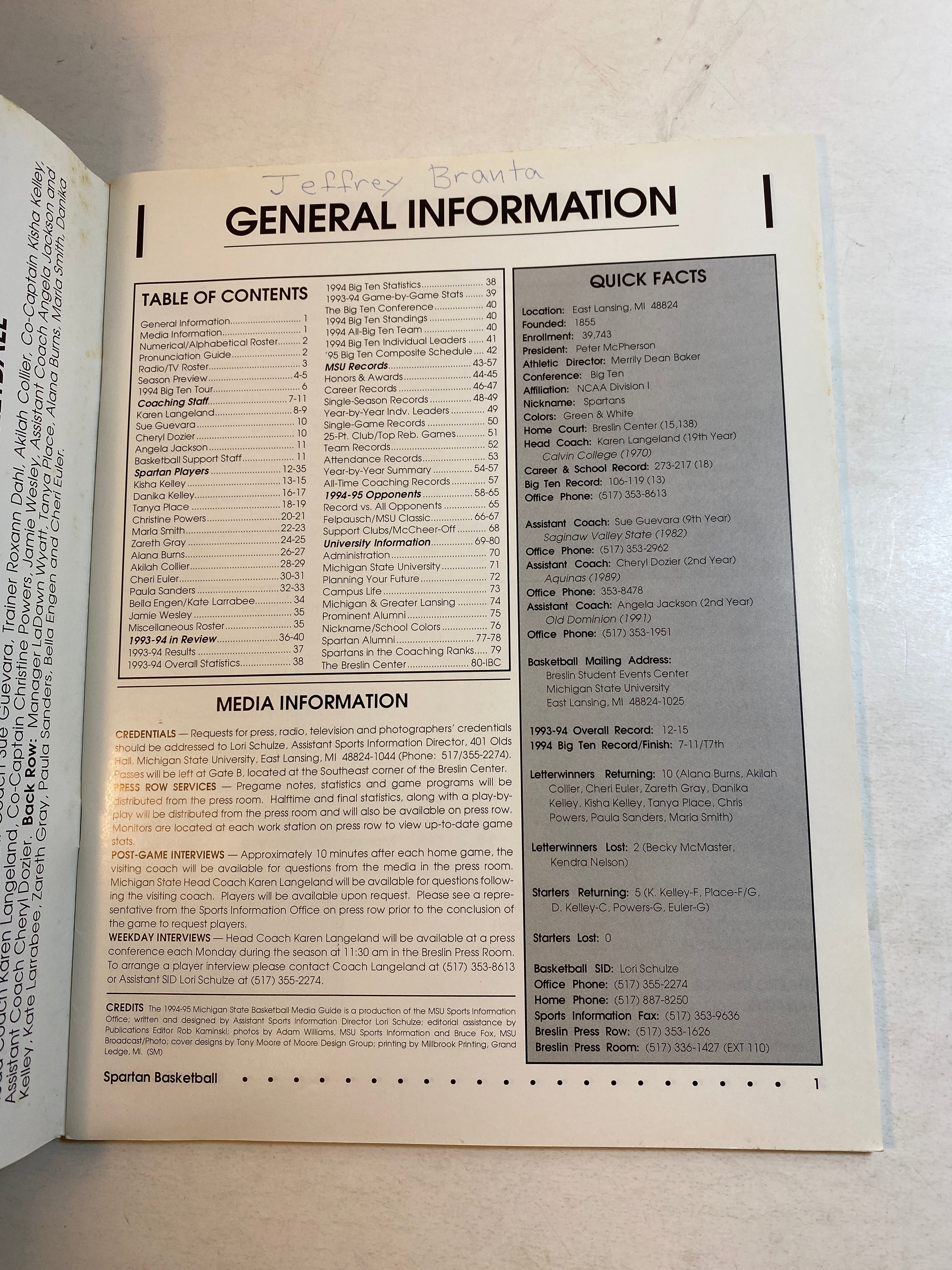 1994-1995 MSU Michigan State Women's Basketball Media Guide