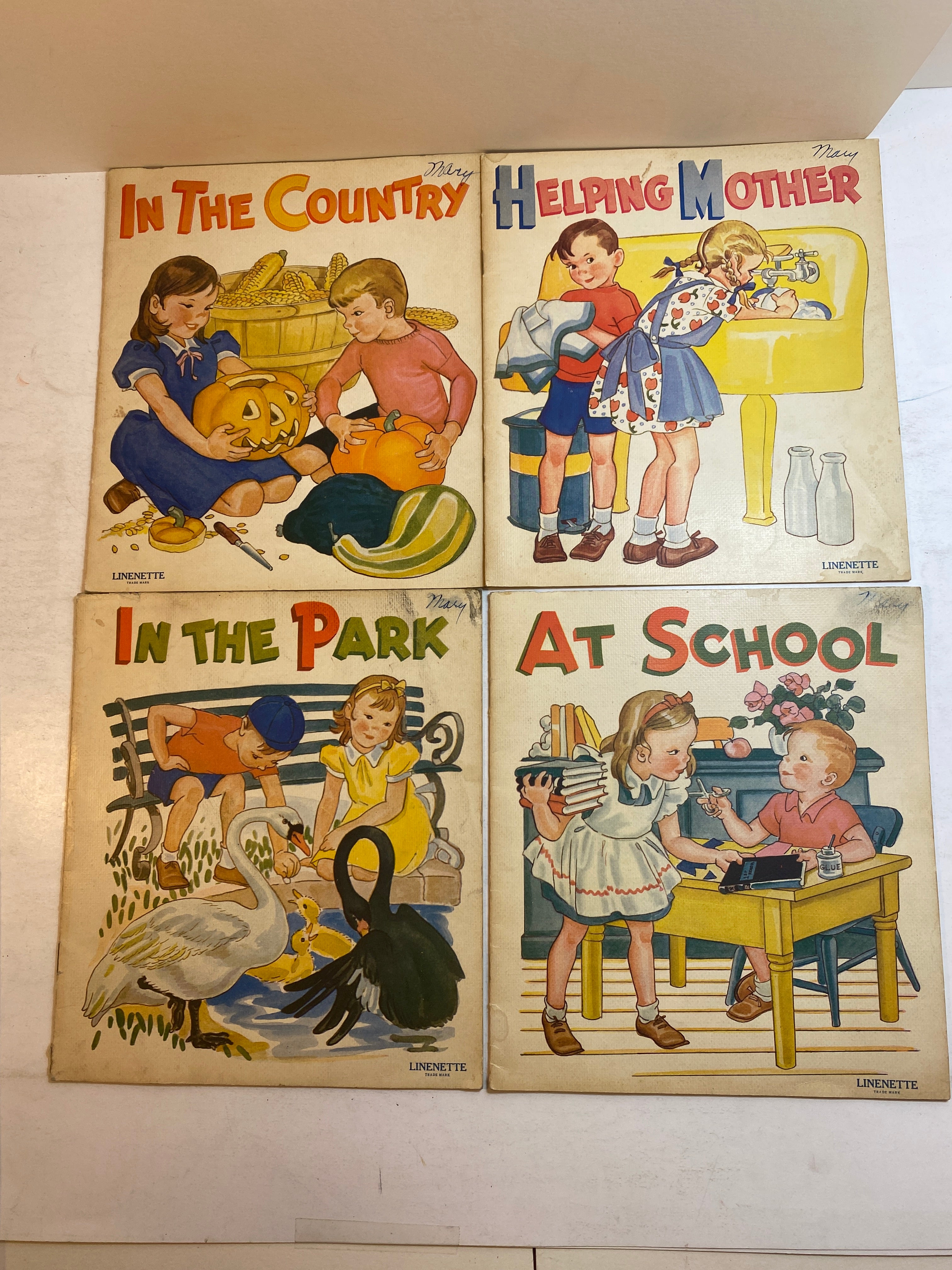 4 Vintage Linenette Books 1940 Helping Mother/In the Park/Country/At School