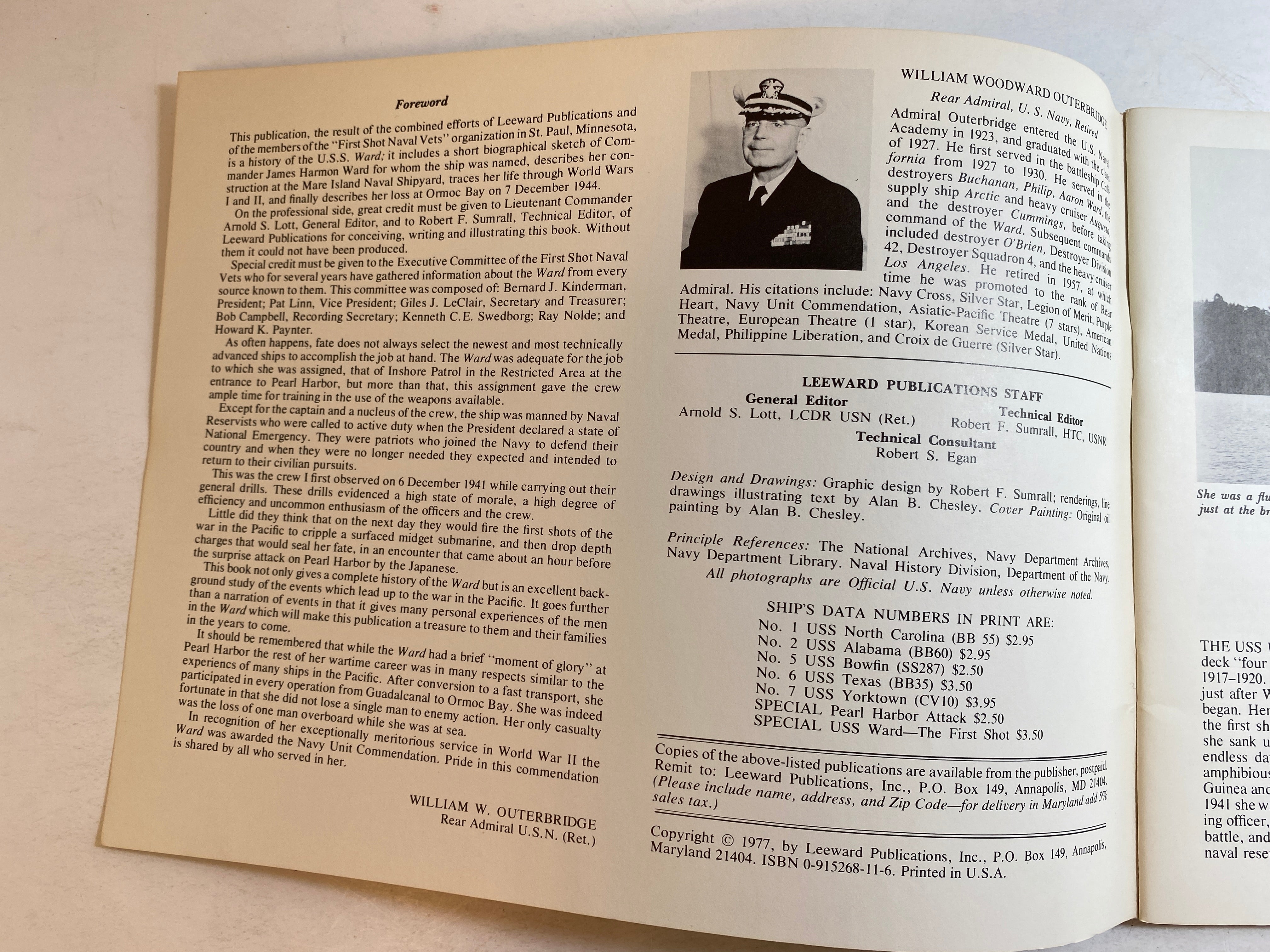 USS Ward The First Shot Ship's Data 1977 Leeward Publications