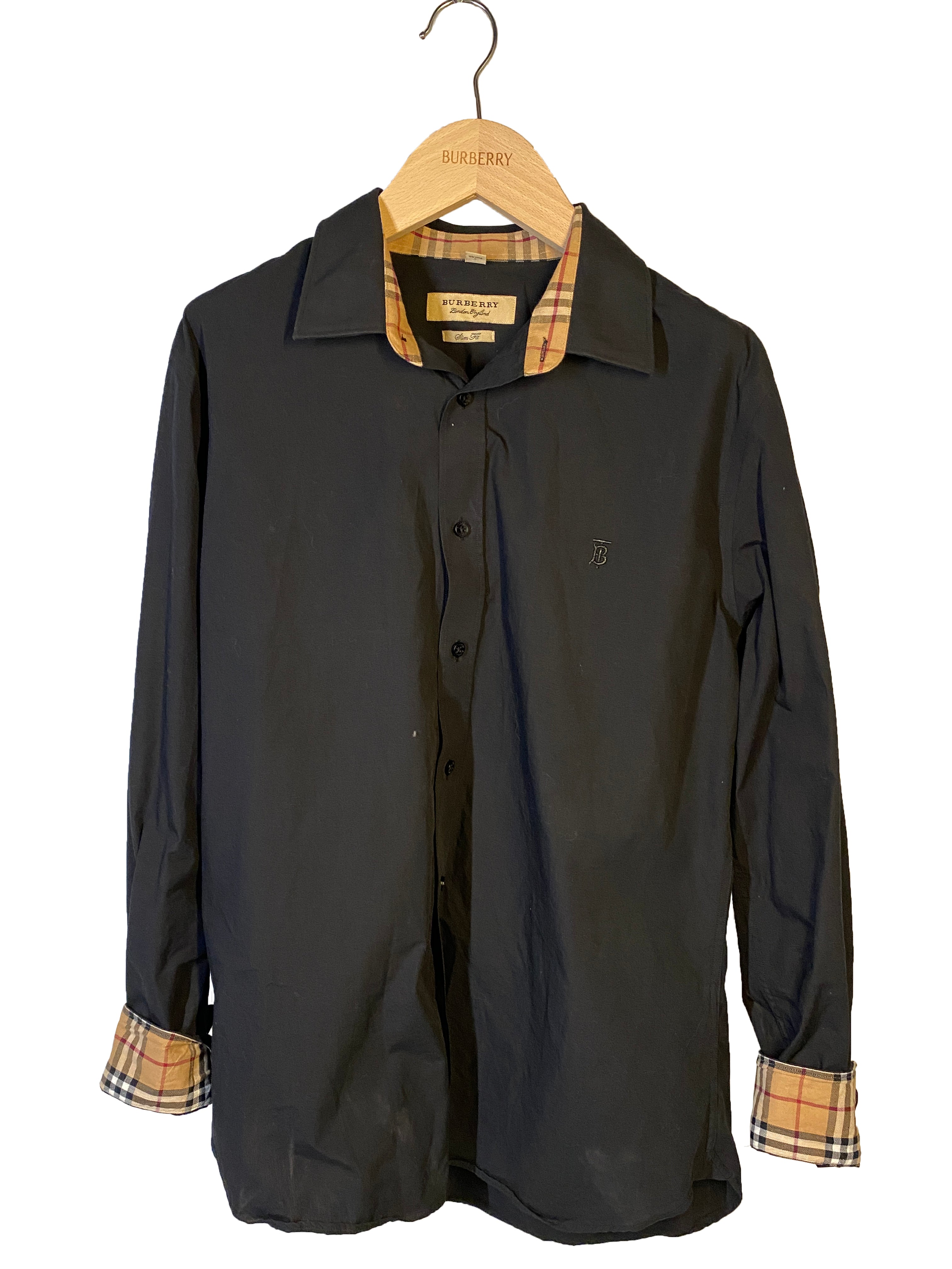 burberry black dress shirt Burberry London Black Long Sleeve Button Down w/ Nova Check in Cuffs a – MSU Surplus Store
