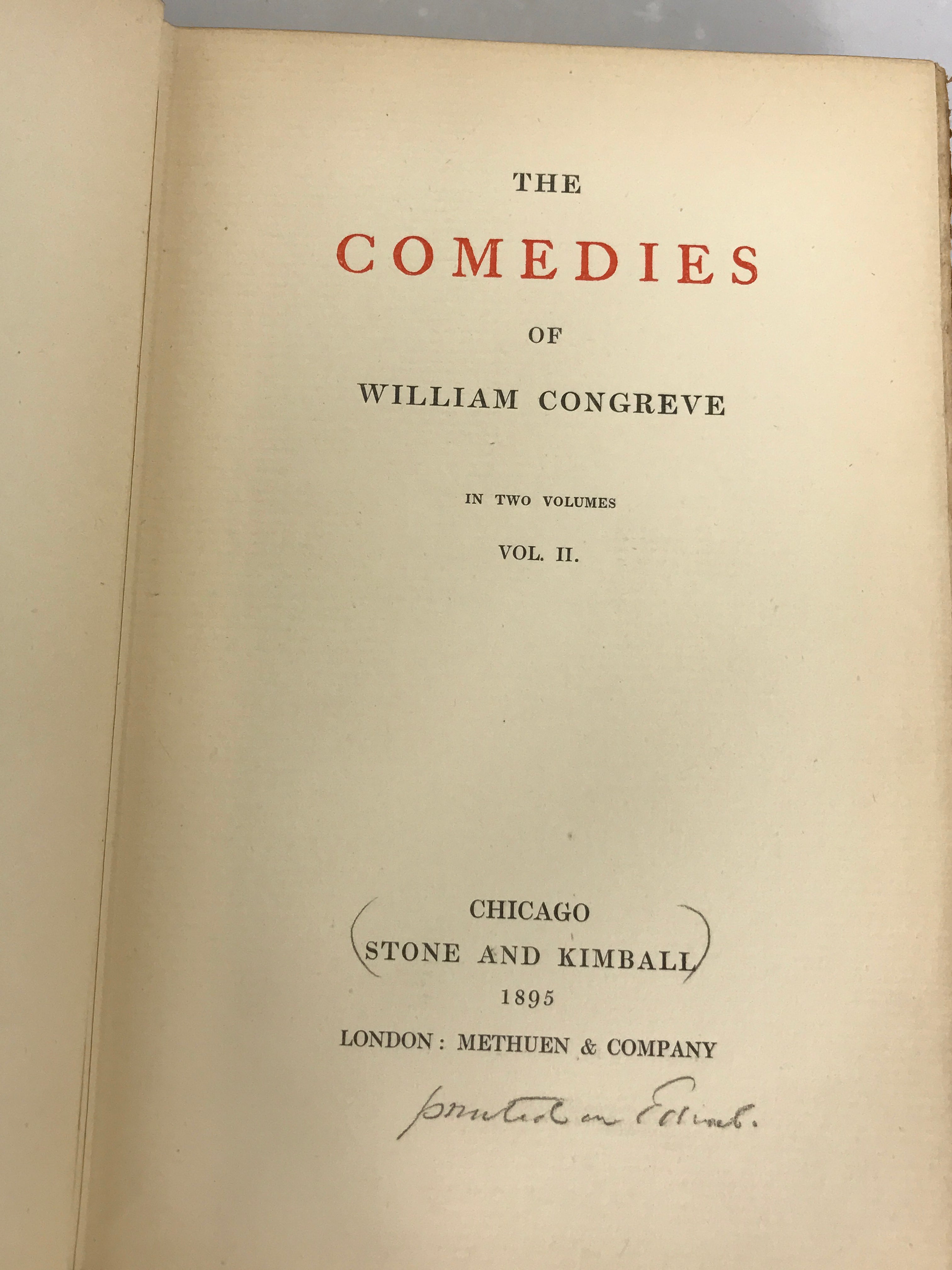 2 Vol. Set: The Comedies of William Congreve 1895 HC Stone and Kimball