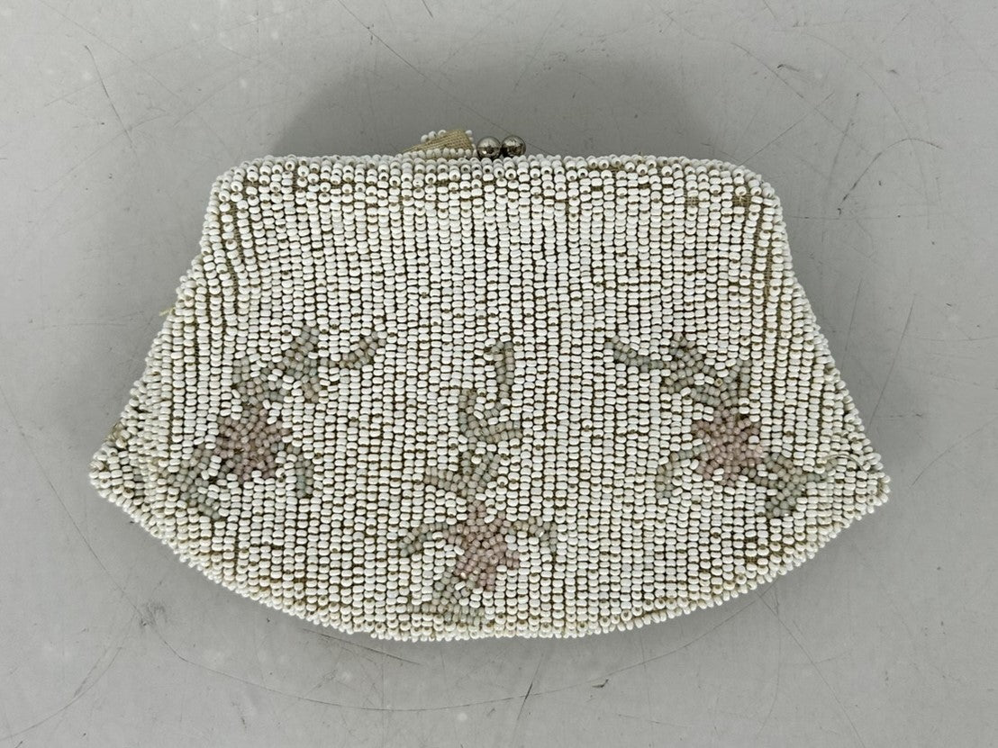 Gold and White Beaded Handbag Floral Pattern Gold Metal