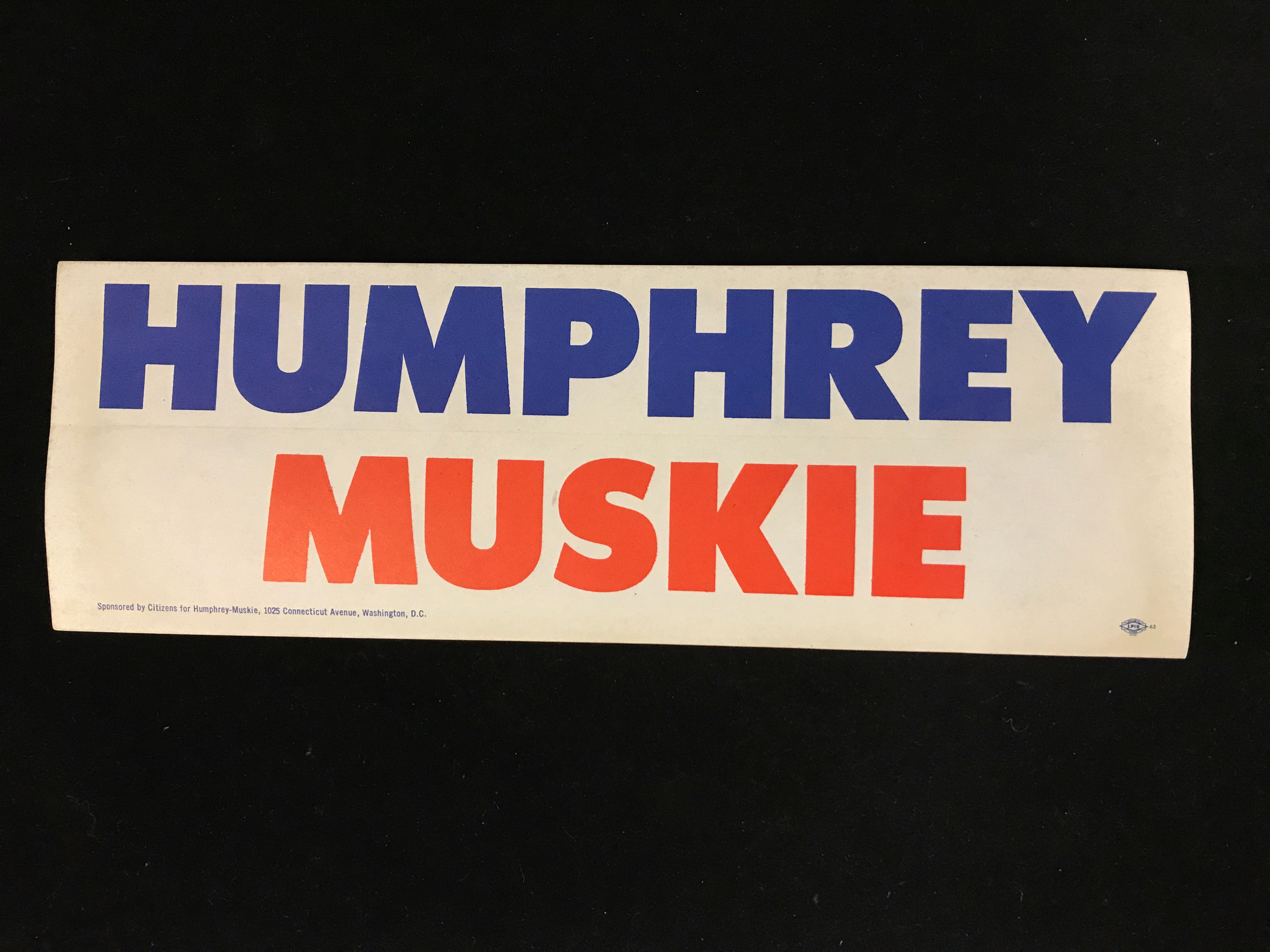 “Humphrey Muskie” Bumper Sticker 1968 Presidential Campaign