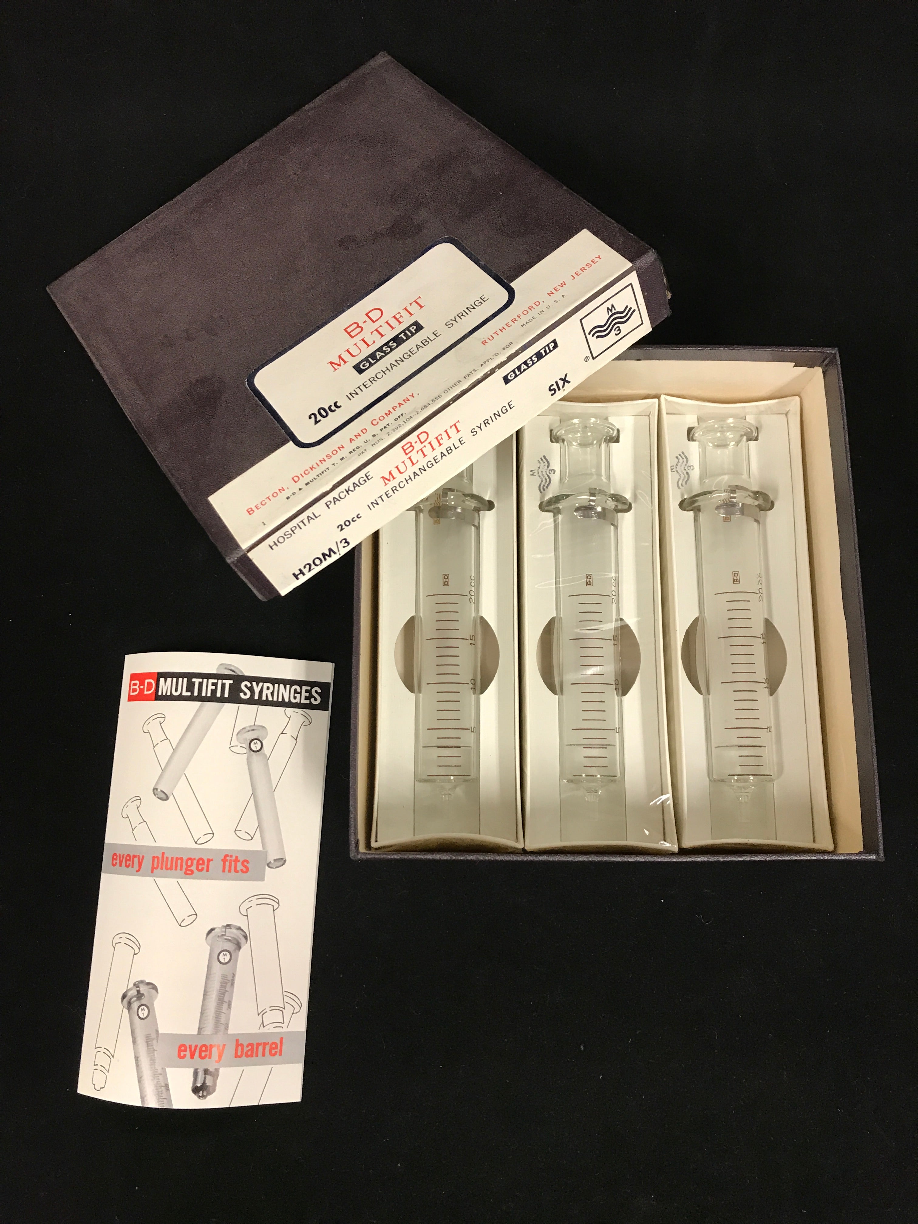 Vintage Box of 3 Sealed BD Multifit Glass Tip 20cc Syringes