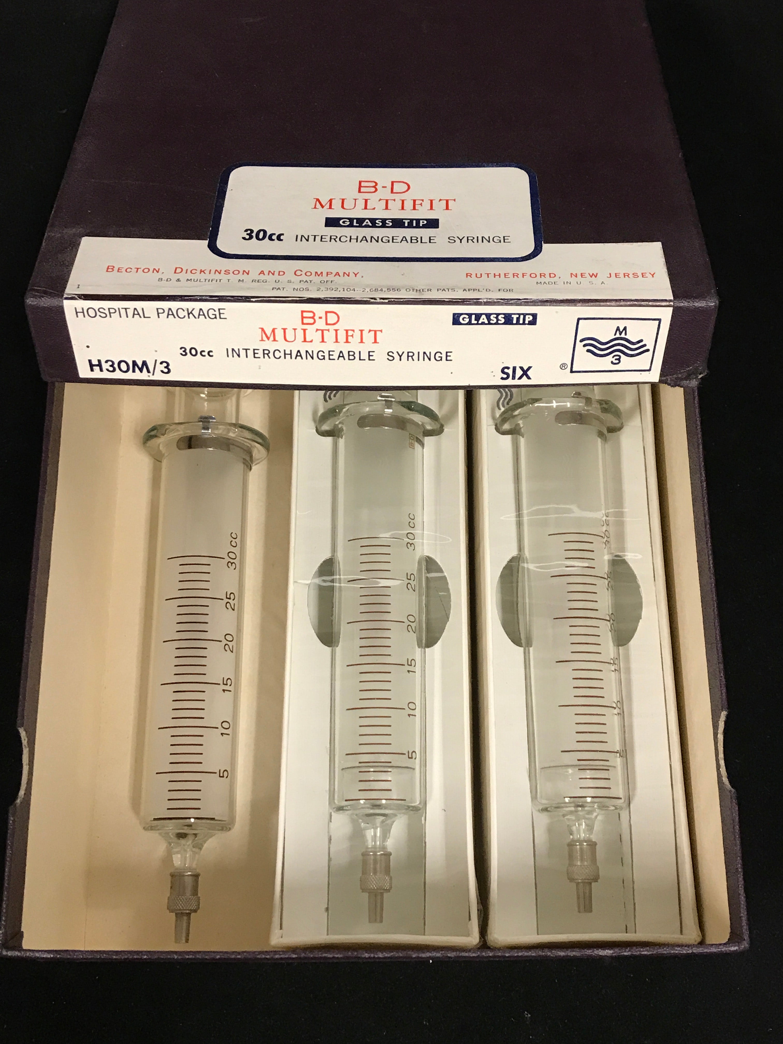 Vintage Box of 3 BD Multifit Metal Tip 30cc Glass Syringes
