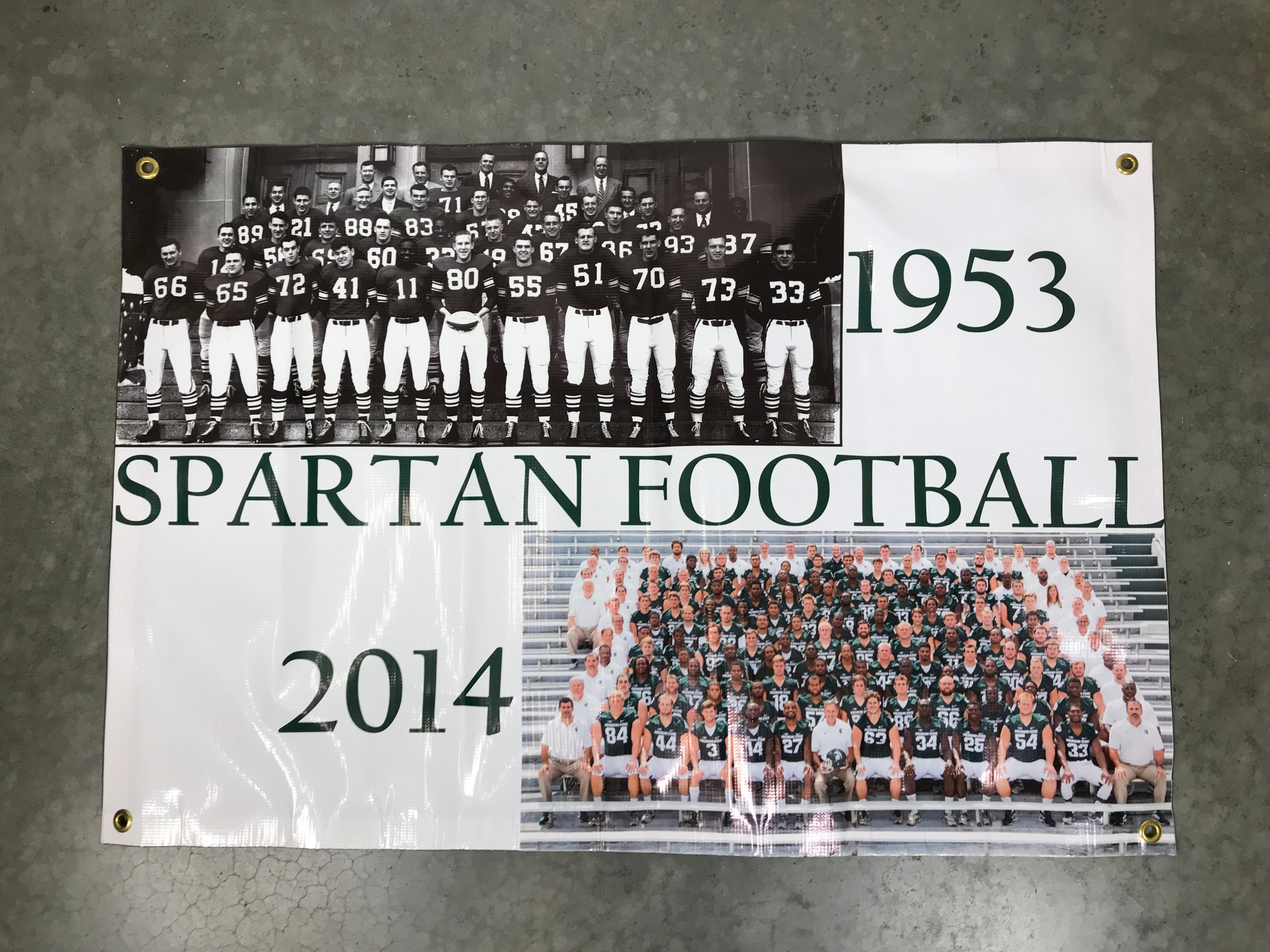 Vinyl MSU Spartan Football Banner 1953 and 2014 Team Photos