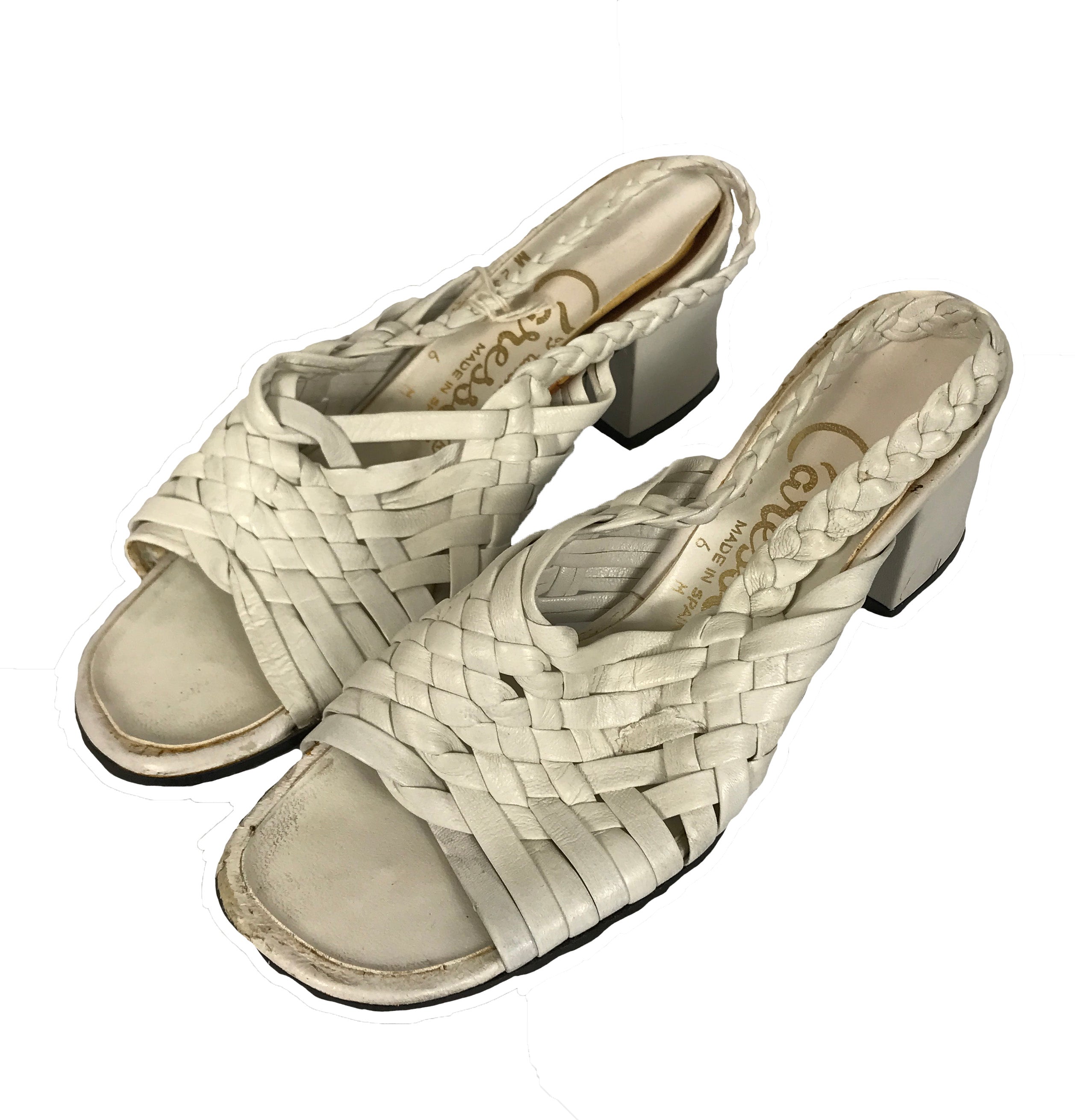 Vintage Caressa White Woven Chunky Heels Women's Size 6