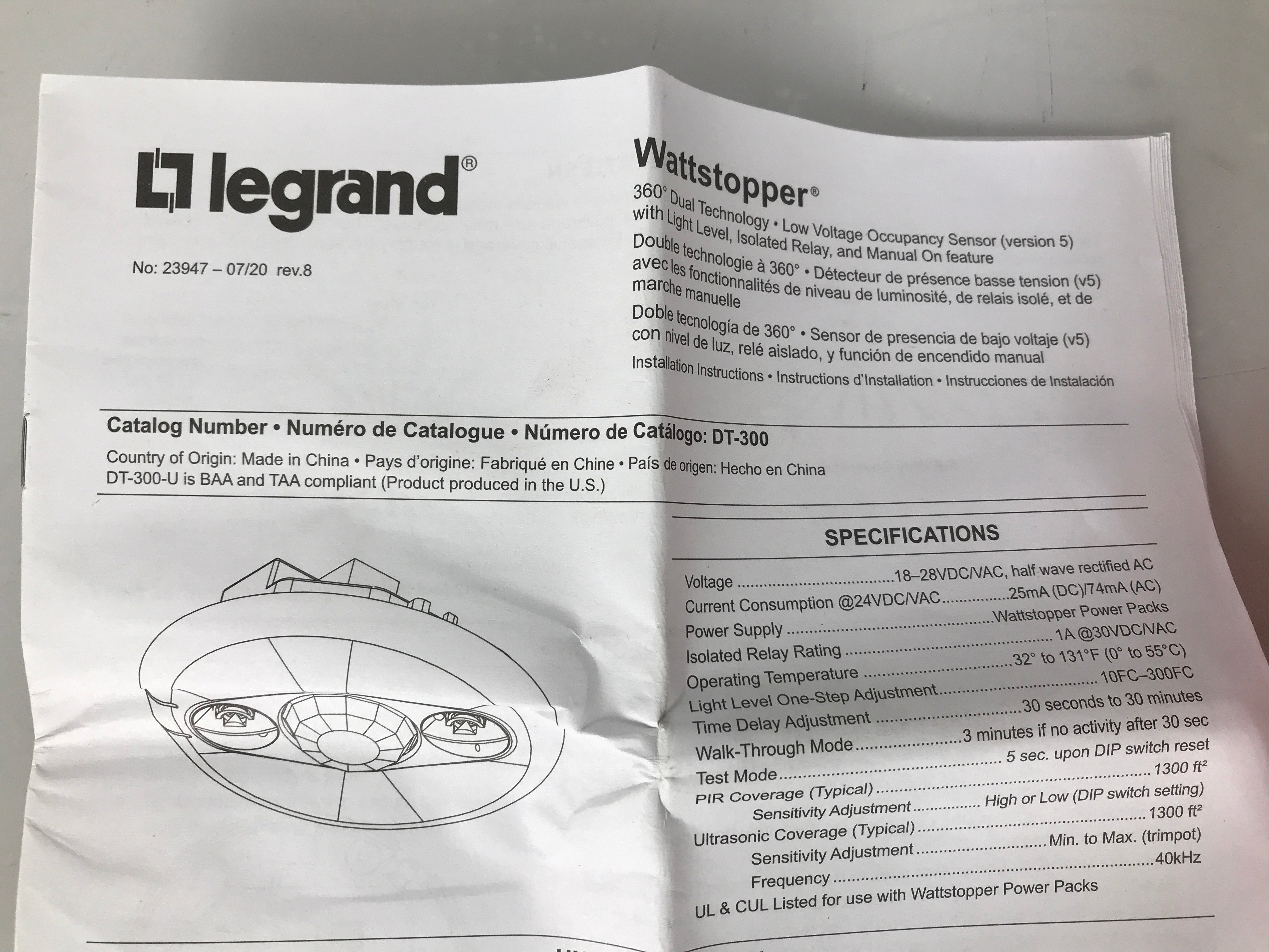 Legrand Wattstopper DT-300 Ceiling Mount Occ Sensor with Relay