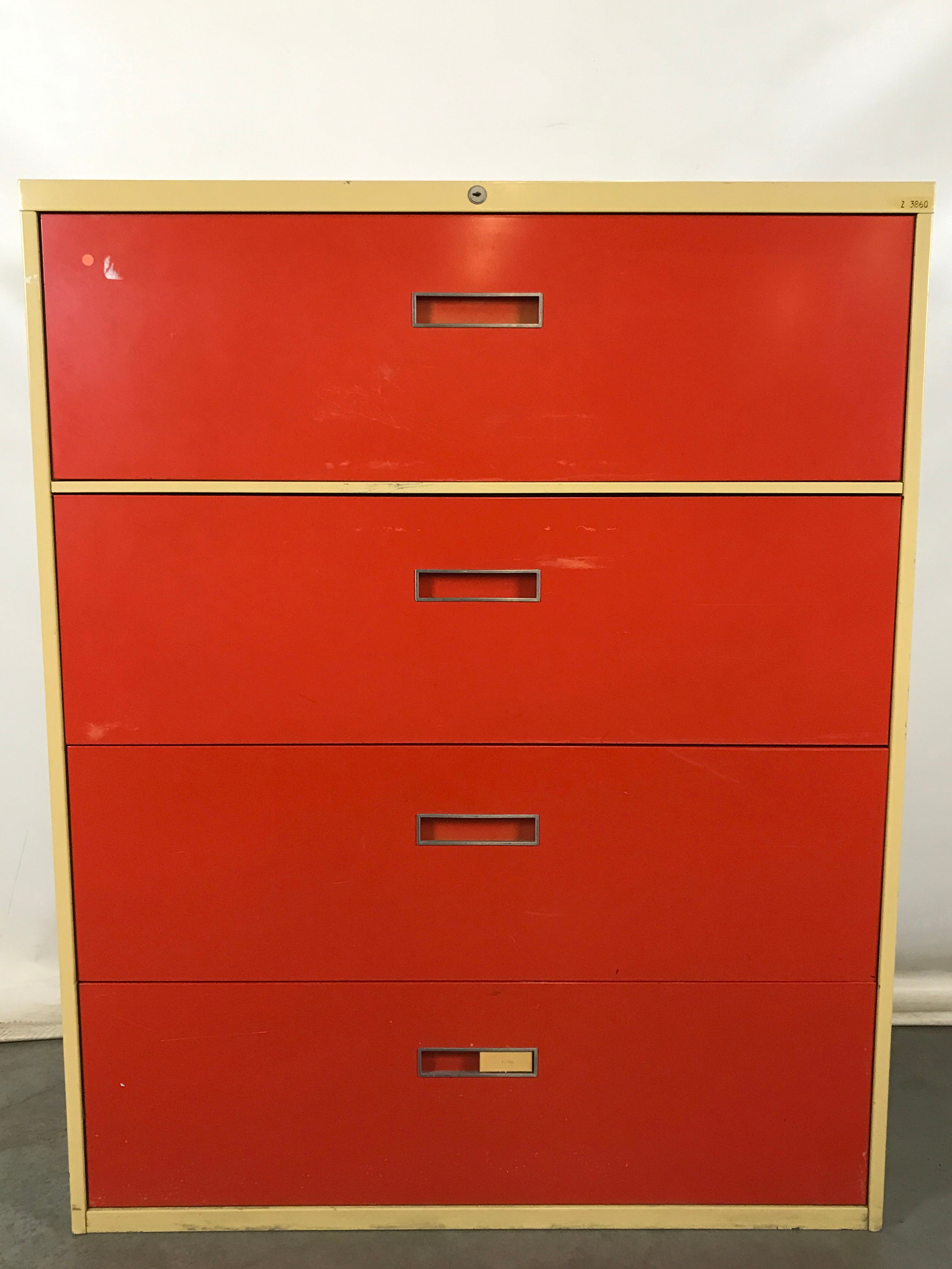 Steelcase Red And Yellow 4 Drawer Lateral File Cabinet