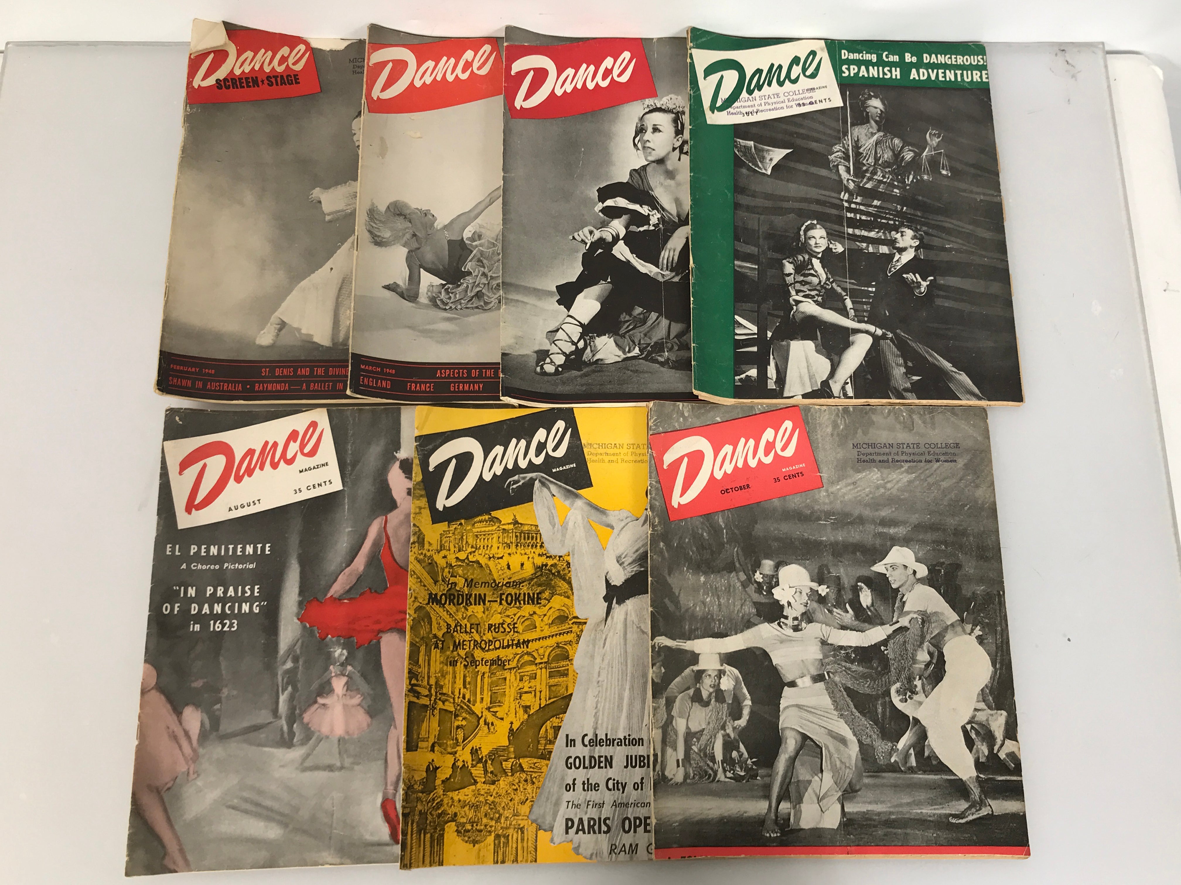 Lot of 7 Vintage DANCE MAGAZINE 1948 Feb-March, May, July-Oct SC