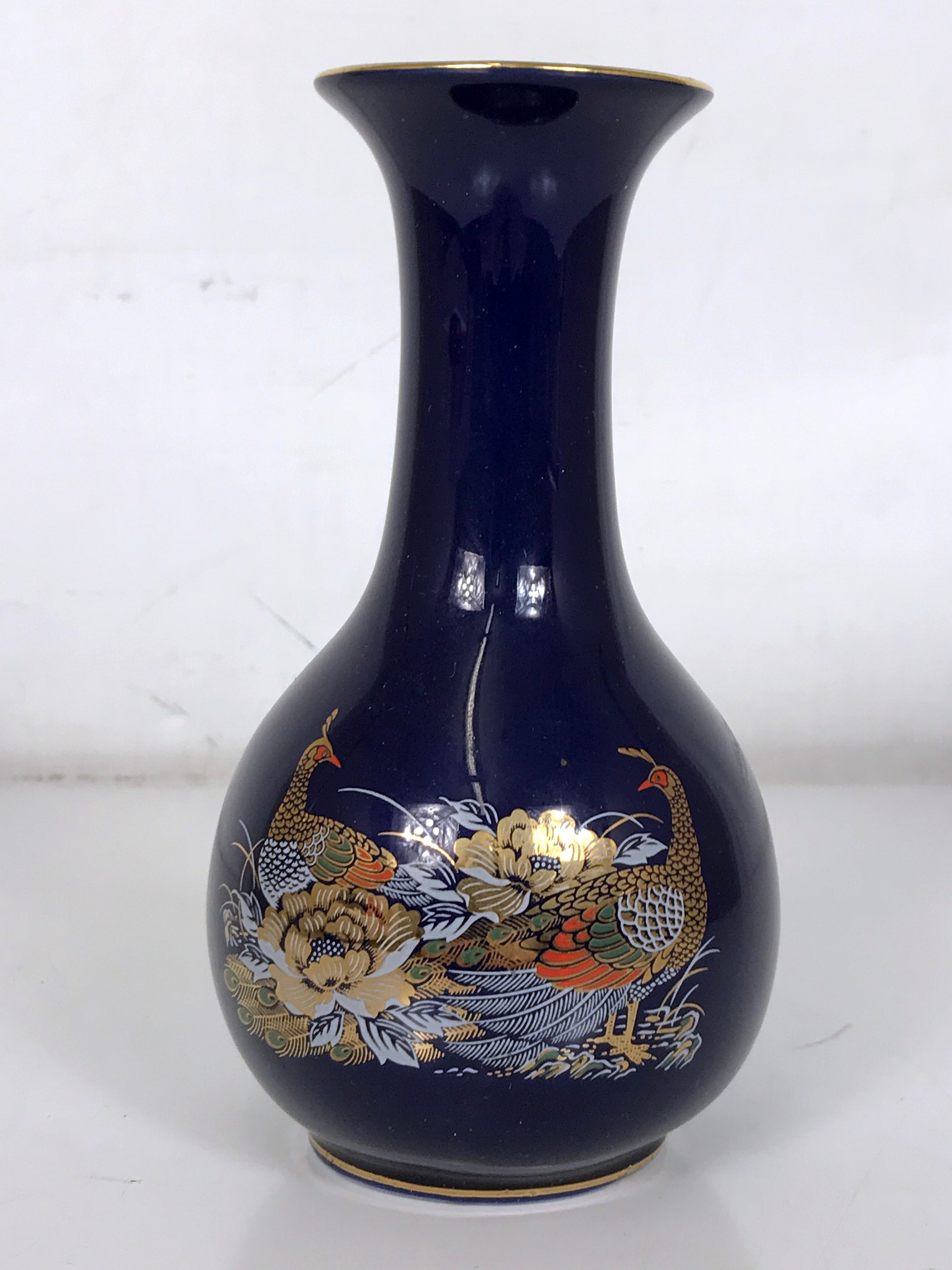 Vintage 7.25" Cobalt Blue Porcelain Japanese Flower Vase with Peacock Design