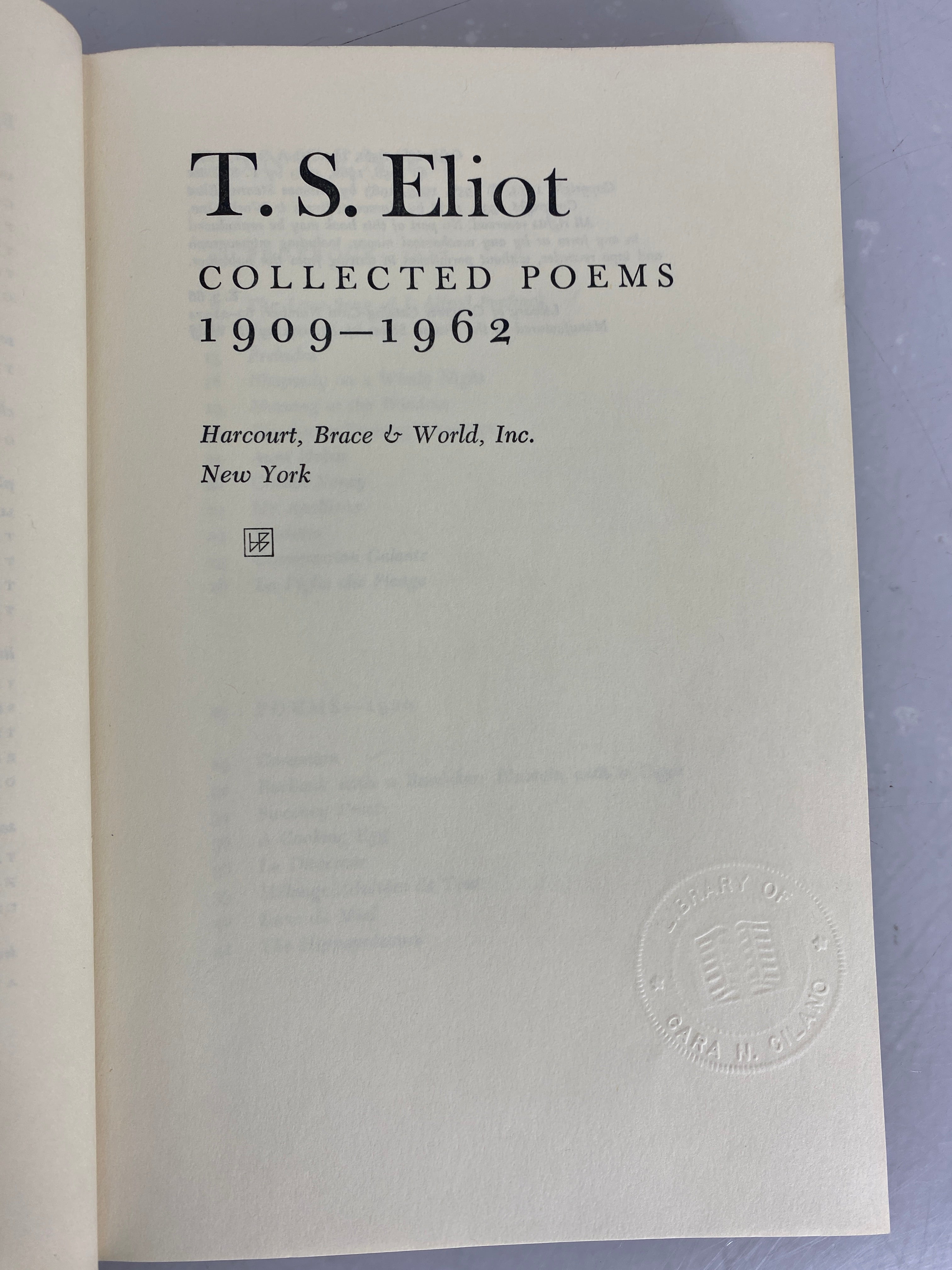 T.S. Eliot Collected Poems 1909-1962 Harcourt, Brace & World 1963 HC
