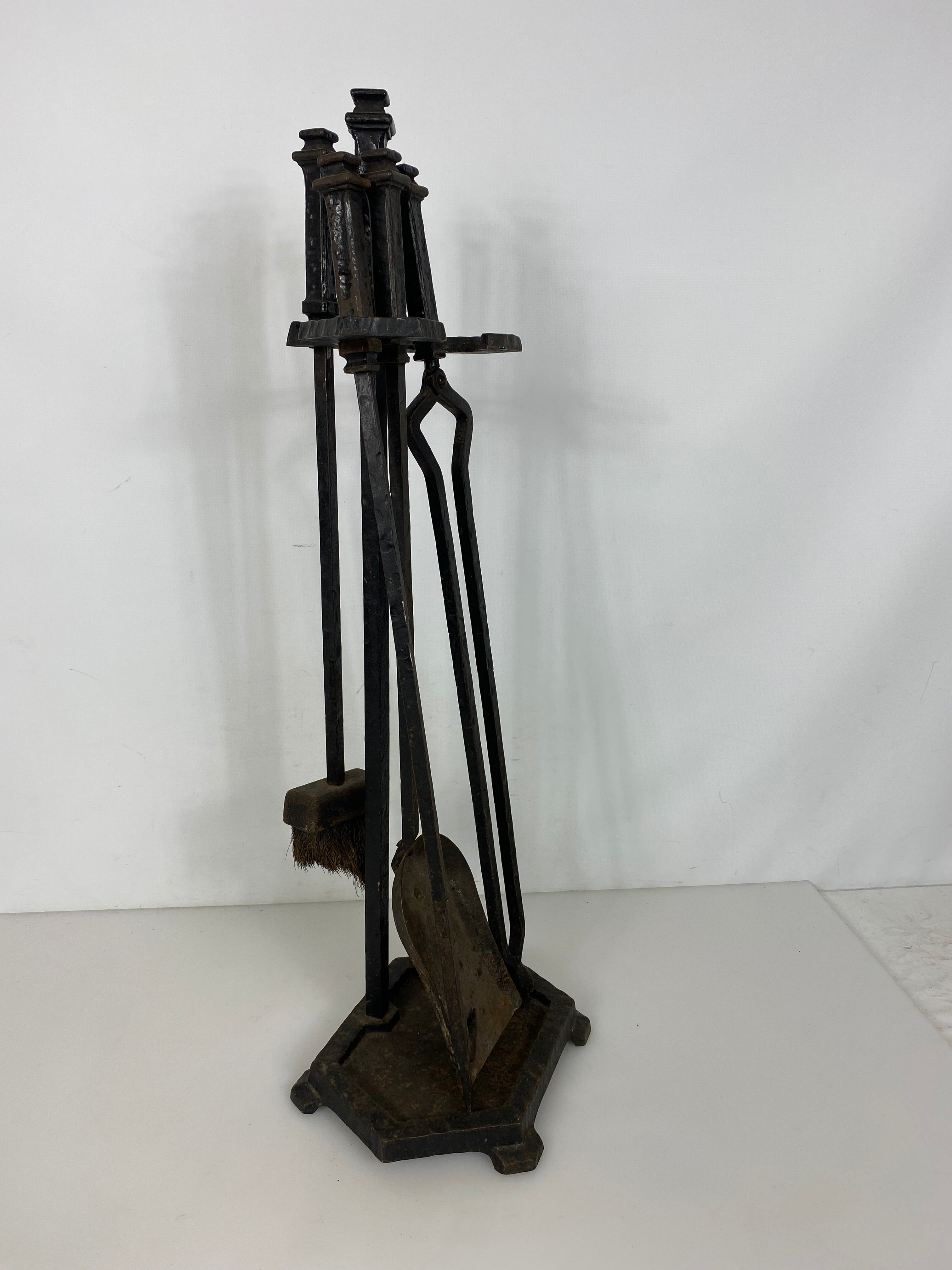 Antique 1800's Hammered Iron 5-Piece Fireplace Set
