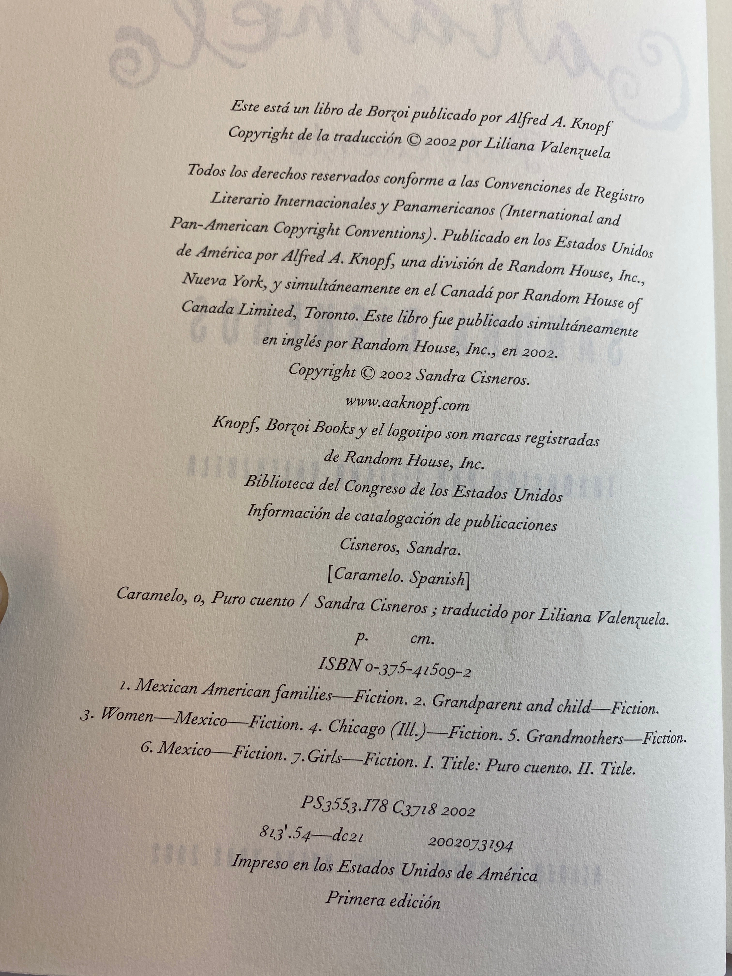 Caramelo Sandra Cisneros HCDJ 2002 First Edition in Spanish