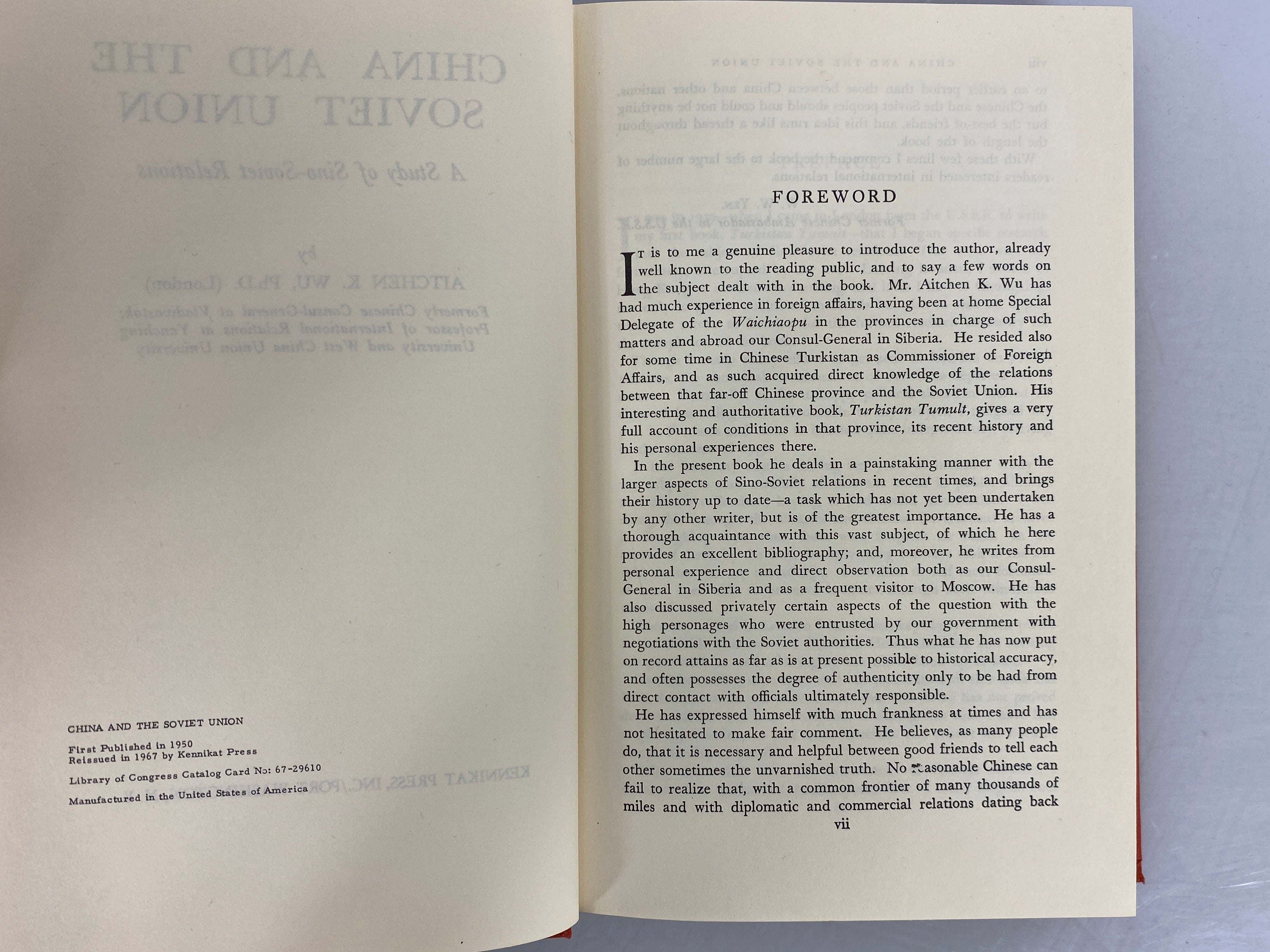 China and the Soviet Union by Aitchen K. Wu 1967 HC