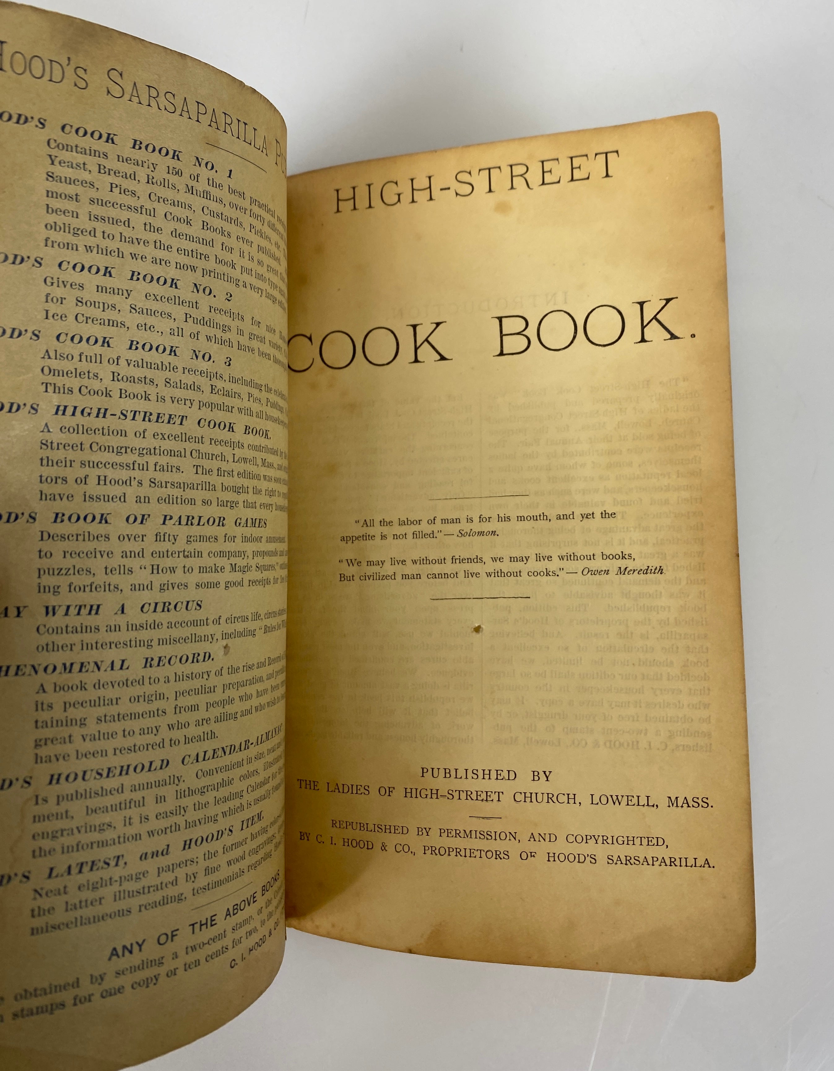 Hood's High Street Cook Book C.I. Hood Co. Lowell, MA c1890 Antique SC