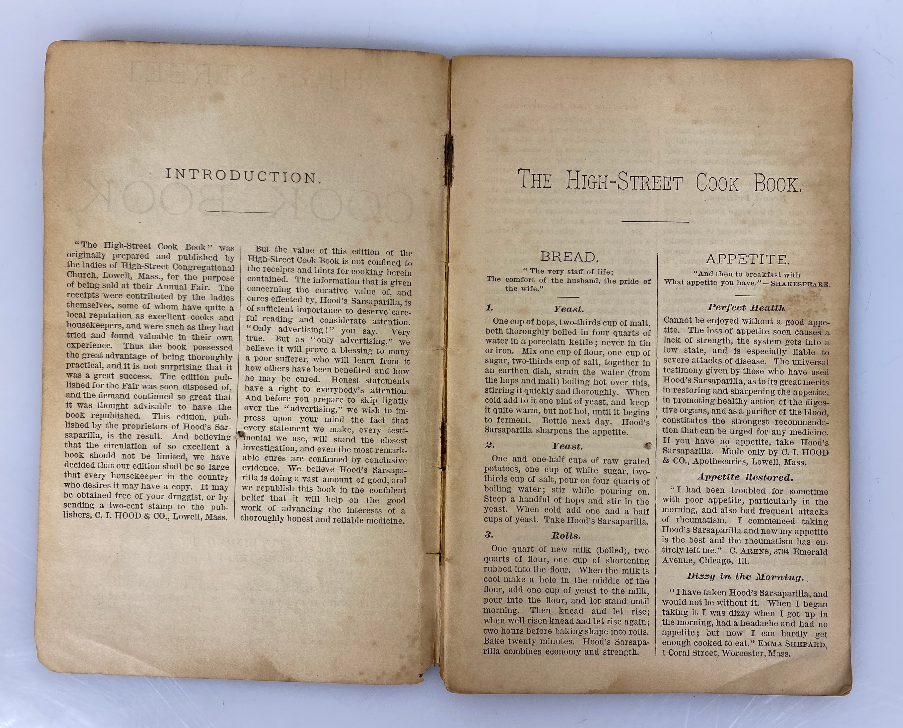 Hood's High Street Cook Book C.I. Hood Co. Lowell, MA c1890 Antique SC