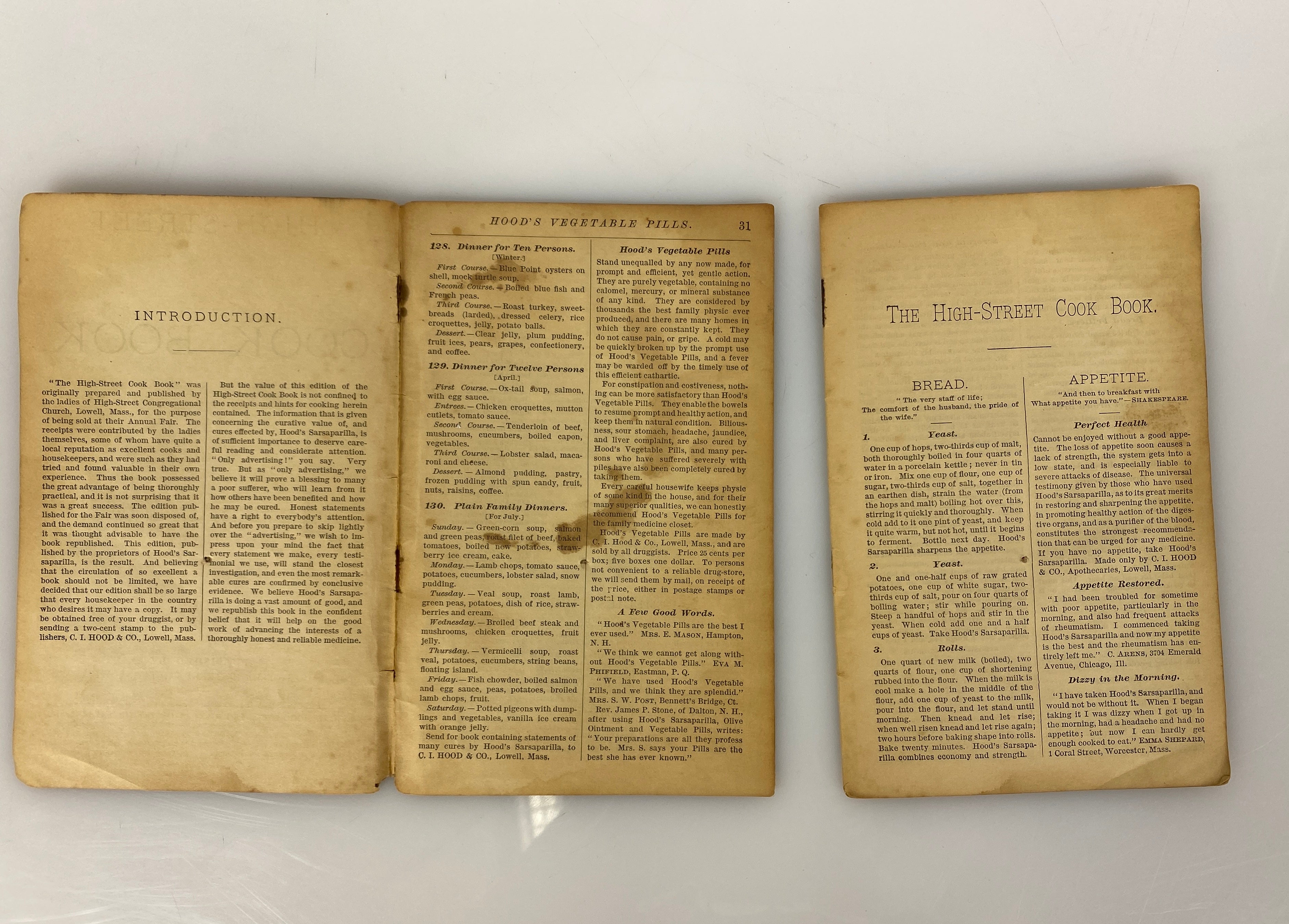 Hood's High Street Cook Book C.I. Hood Co. Lowell, MA c1890 Antique SC