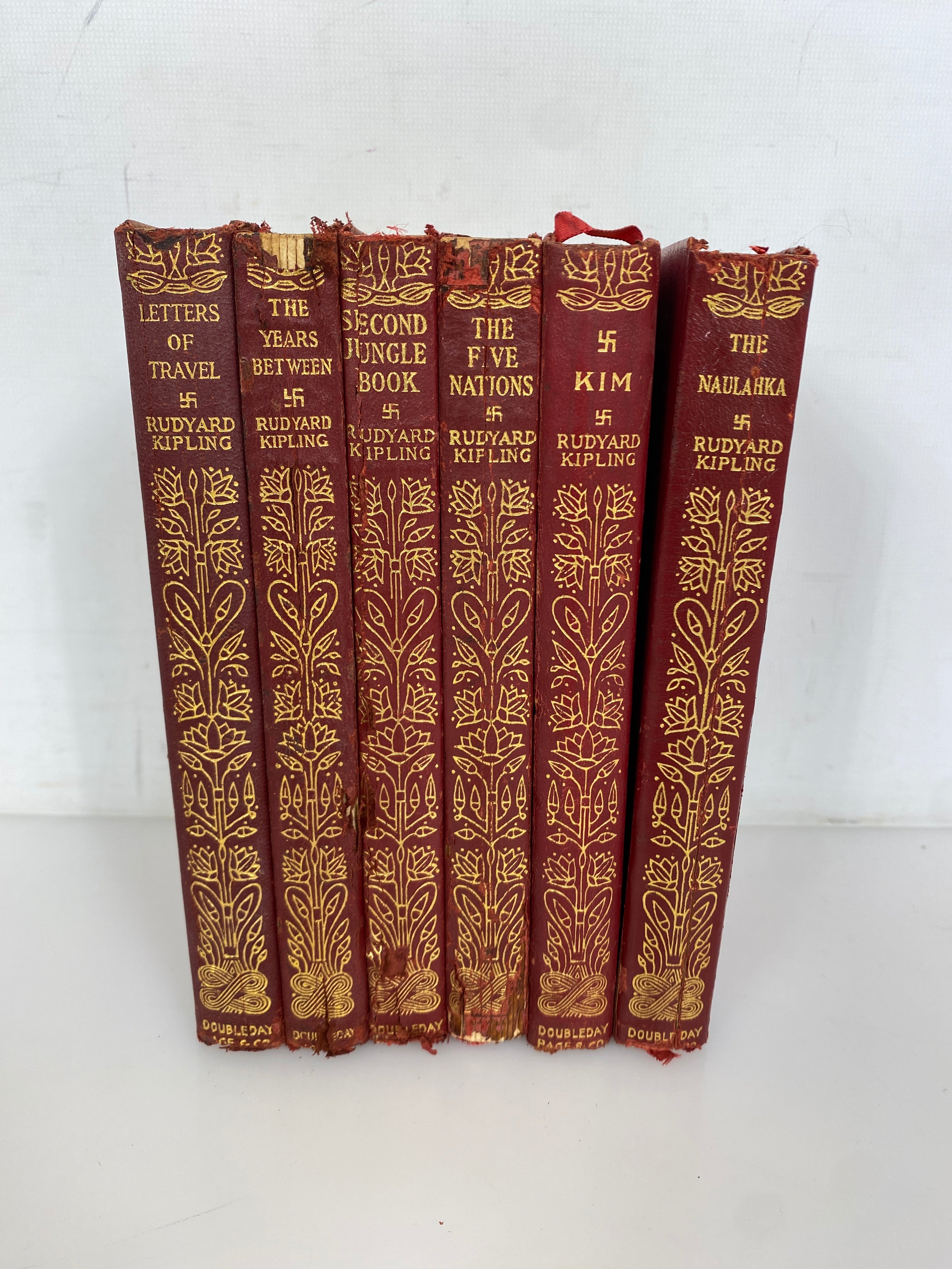 Lot of 6 Antique Rudyard Kipling incl Kim/Second Jungle Book 1920s Leather Bound