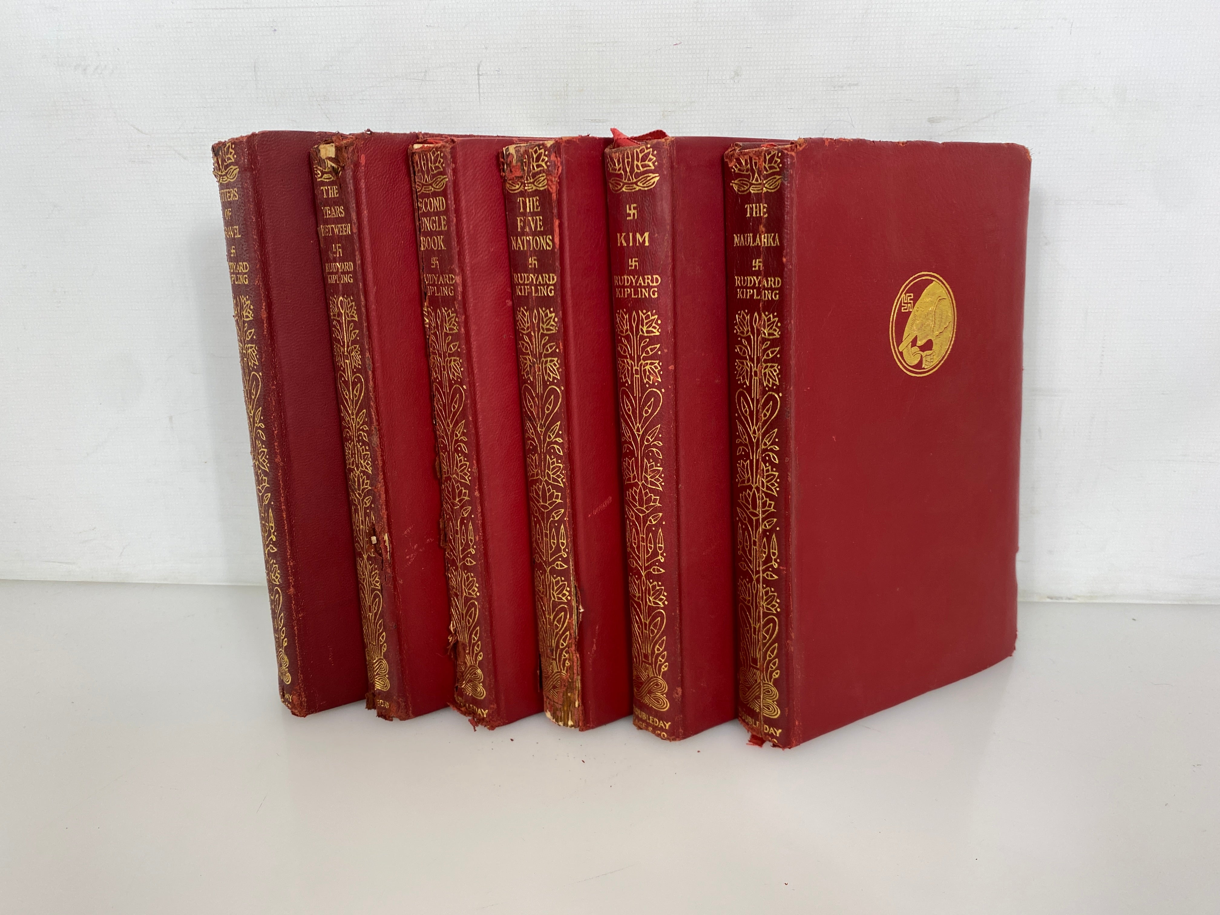 Lot of 6 Antique Rudyard Kipling incl Kim/Second Jungle Book 1920s Leather Bound