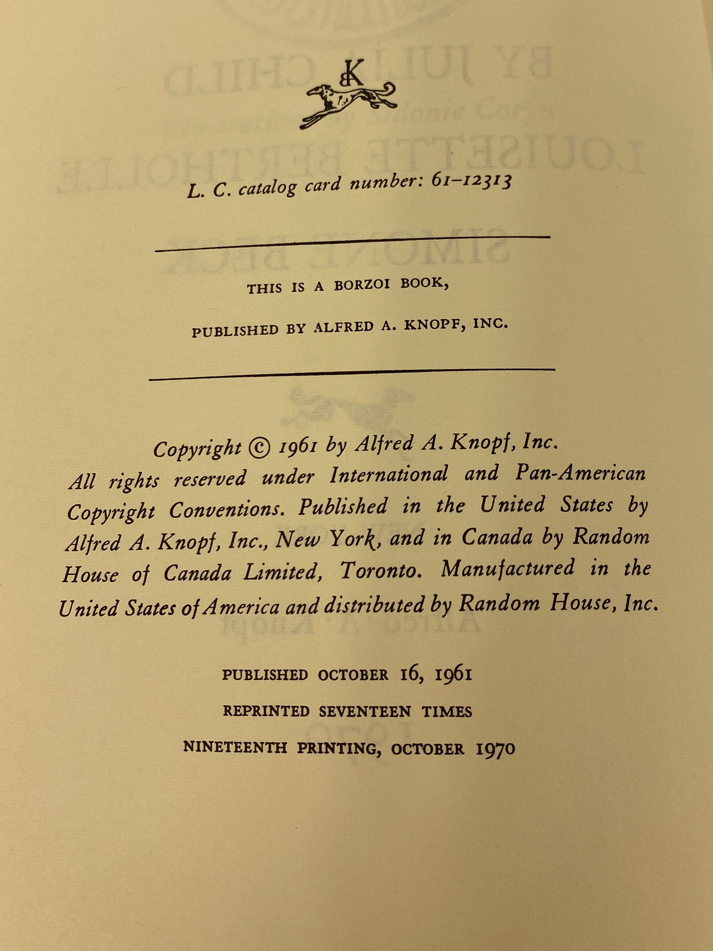 Mastering the Art of French Cooking Vol 1 by Julia Child 1970 19th Print HC