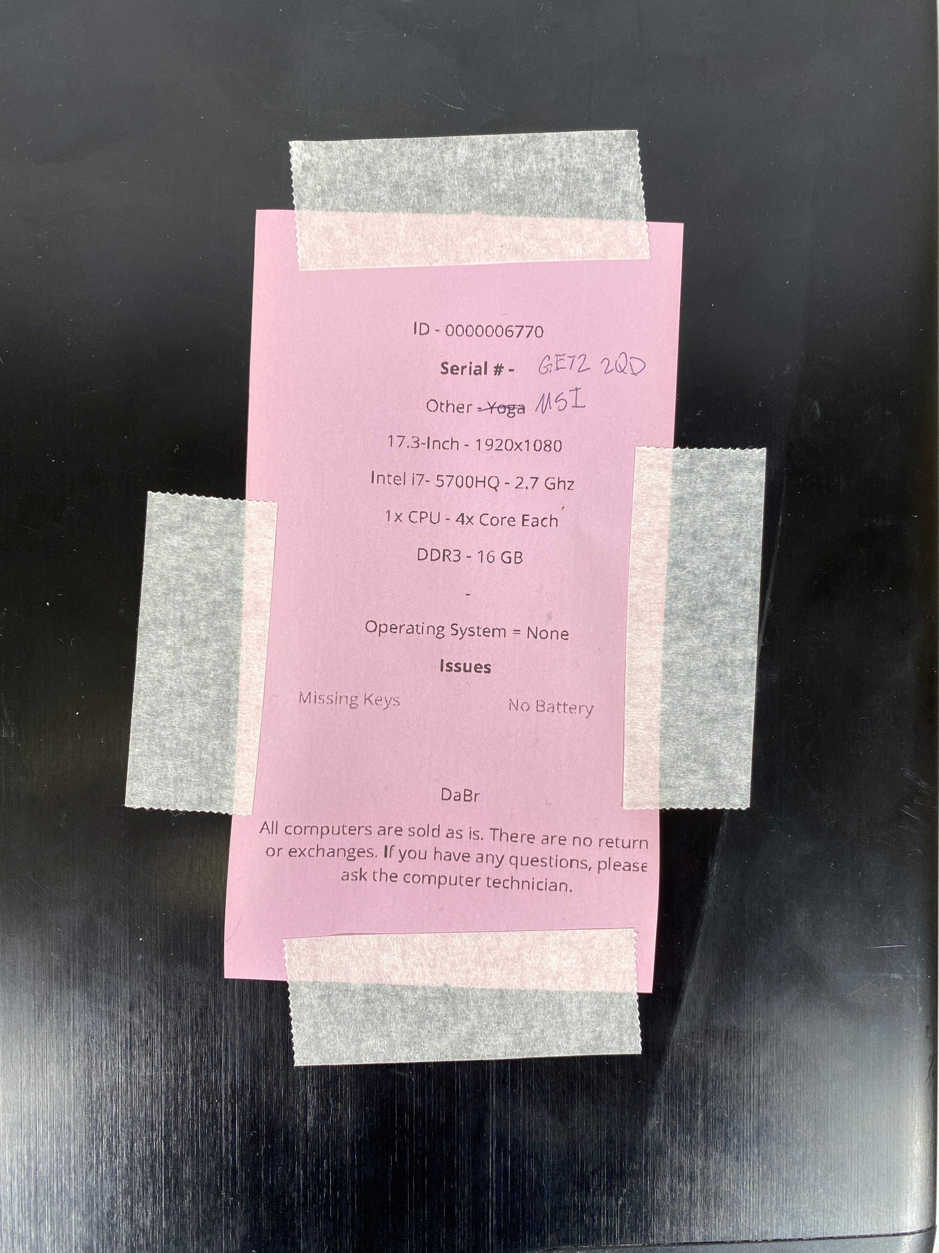 MSI GE72 2QD Apache Pro Gaming Laptop *No HDD*