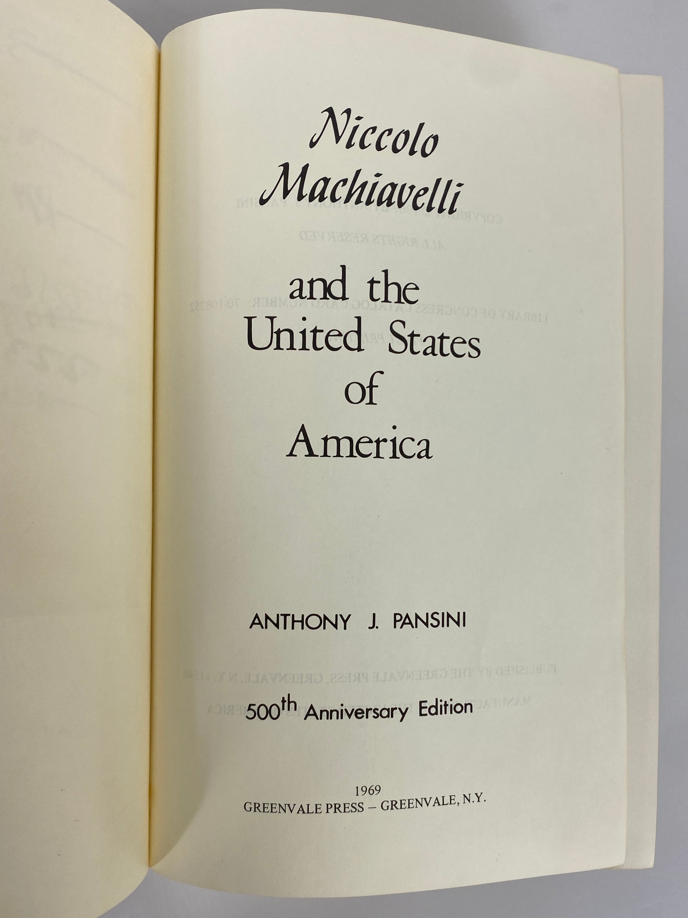 Niccolo Machiavelli and the USA by Anthony Pansini 1969 Ex-Library HC