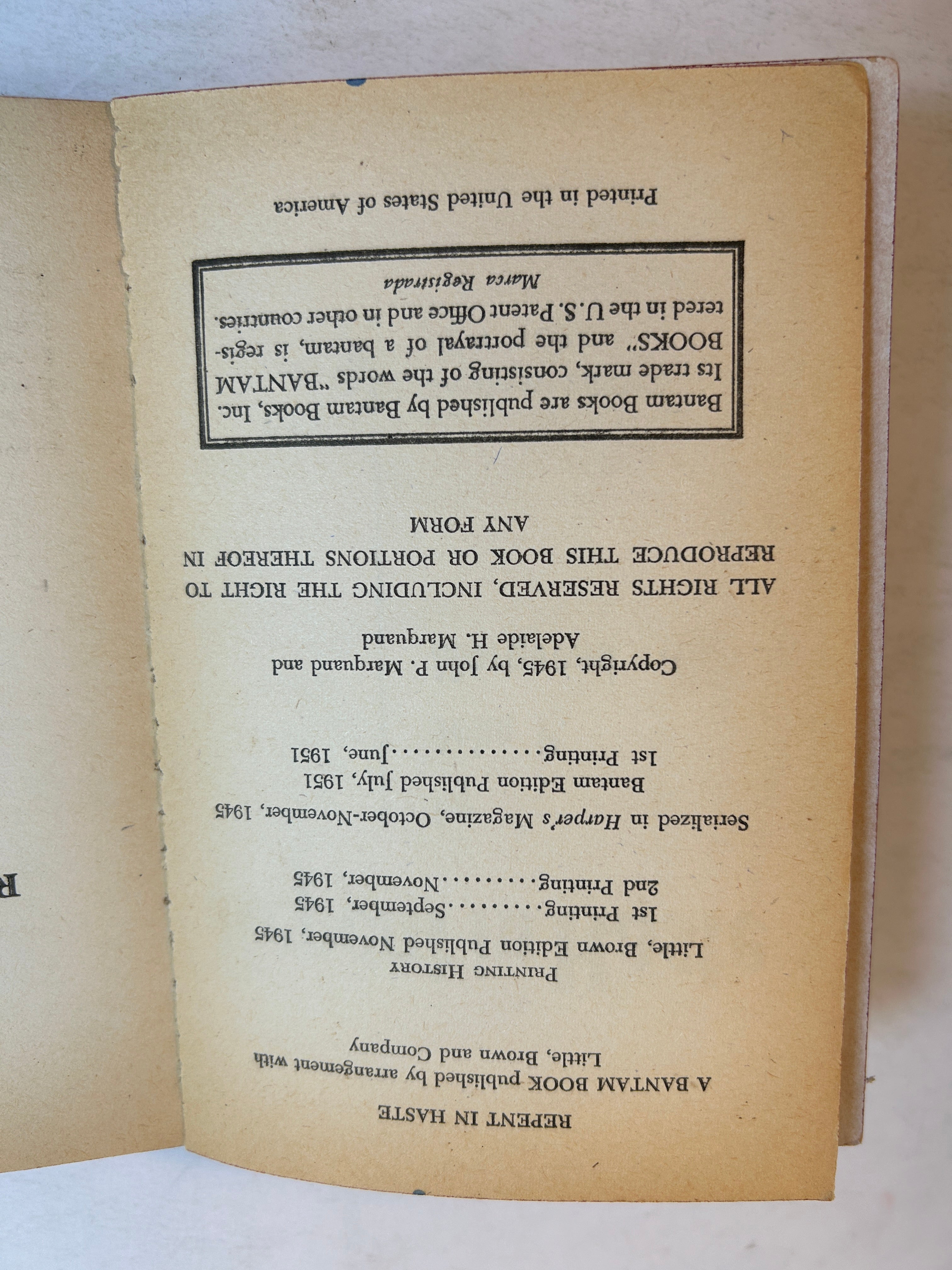 Repent in Haste by John P. Marquand 1st Printing Bantam Book 1951 SC