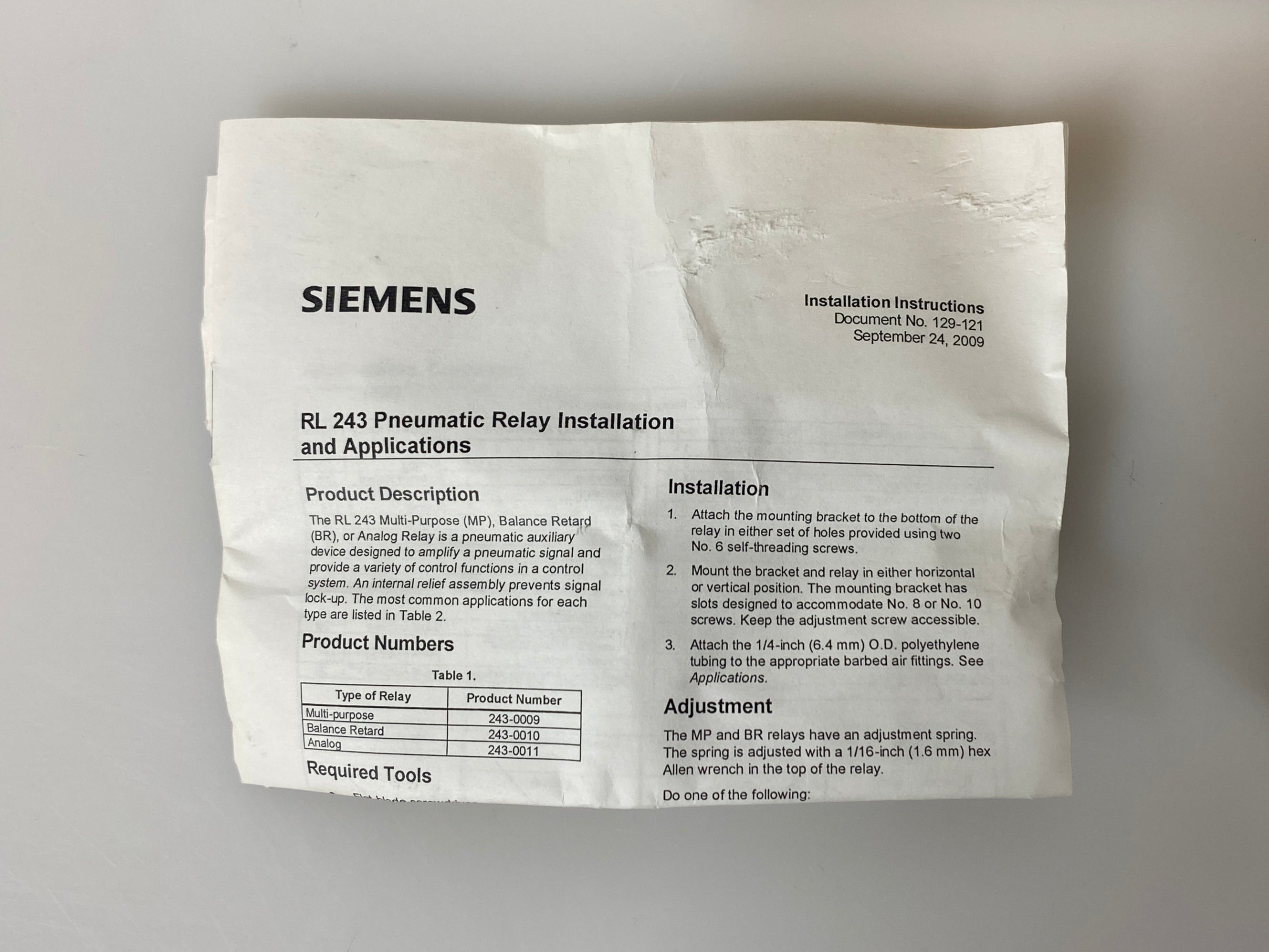 Siemens #243-0009 Pneumatic Multi Purpose Relay