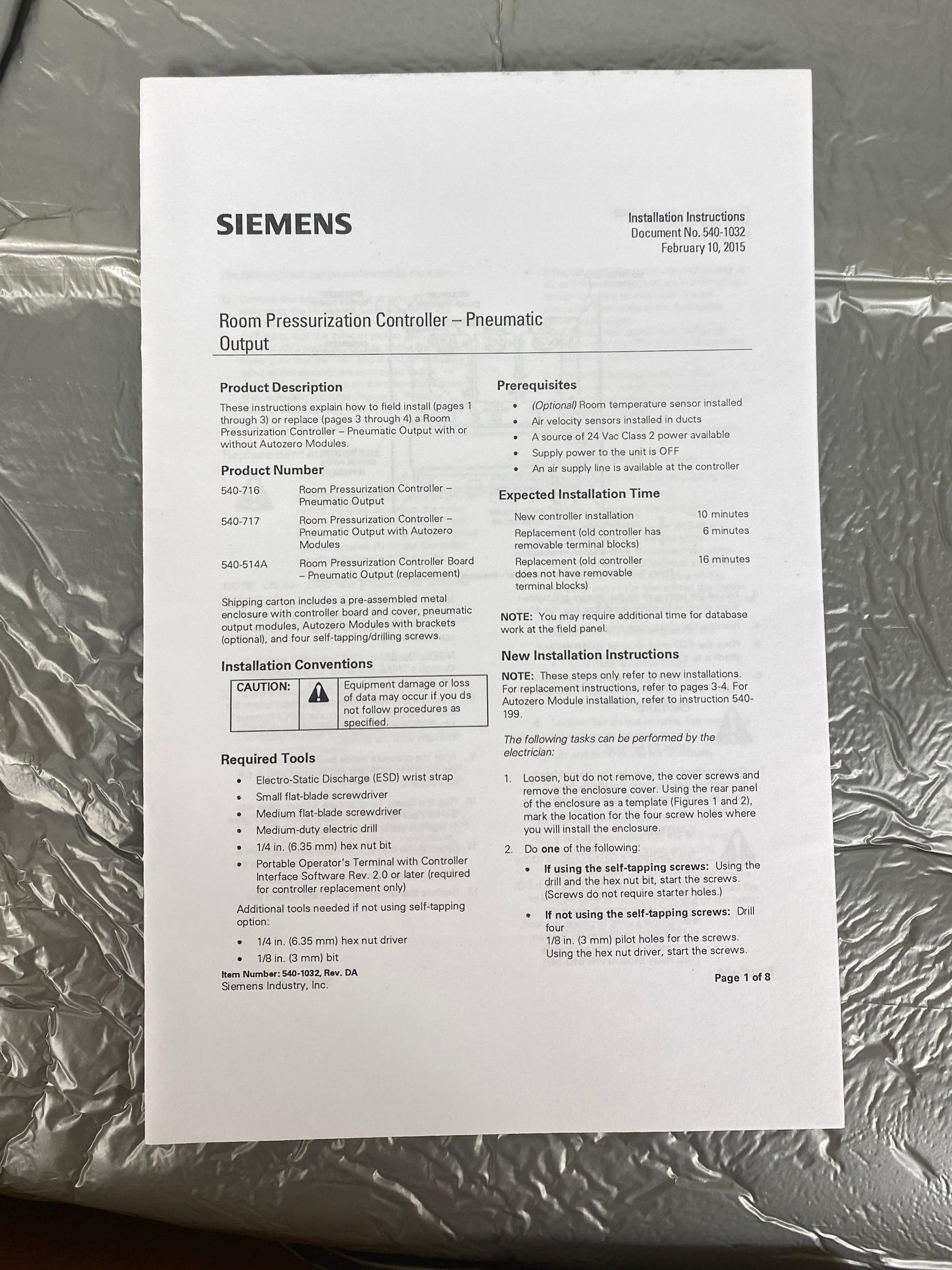 Siemens #540-716 Room Pressurization Controller Pneumatic Output