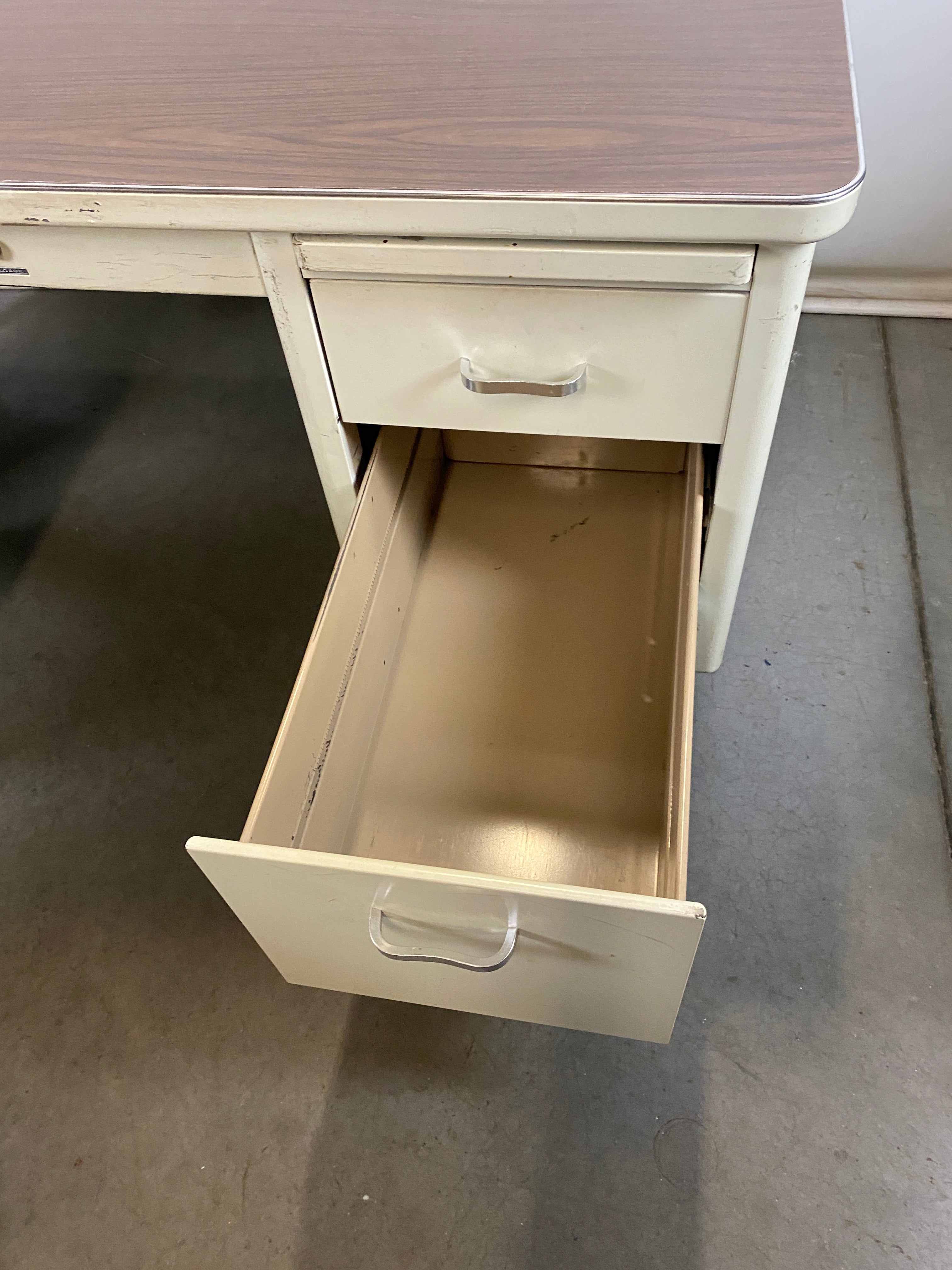 Steelcase White Tanker Desk w/ Wood Grain Top