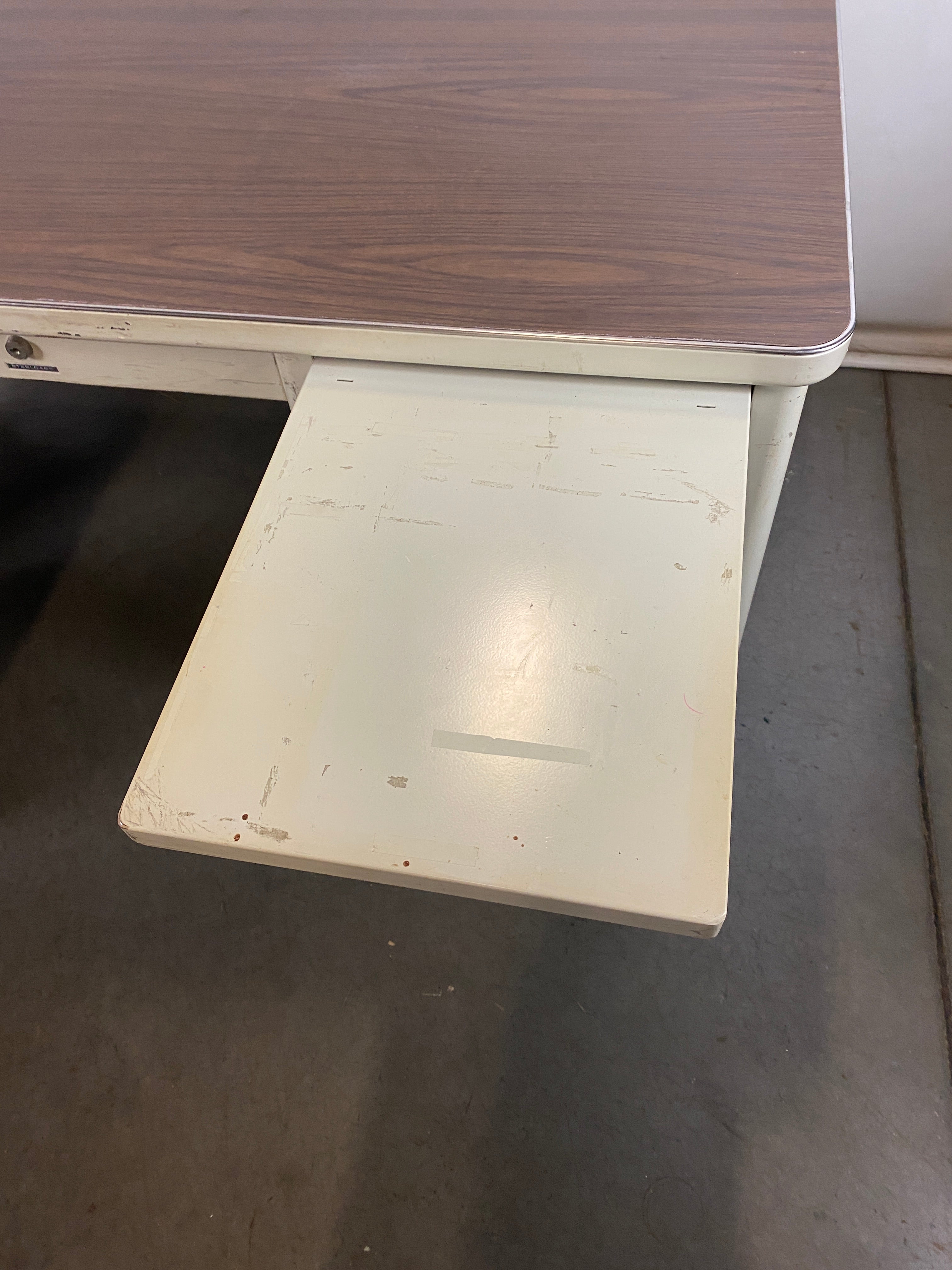Steelcase White Tanker Desk w/ Wood Grain Top