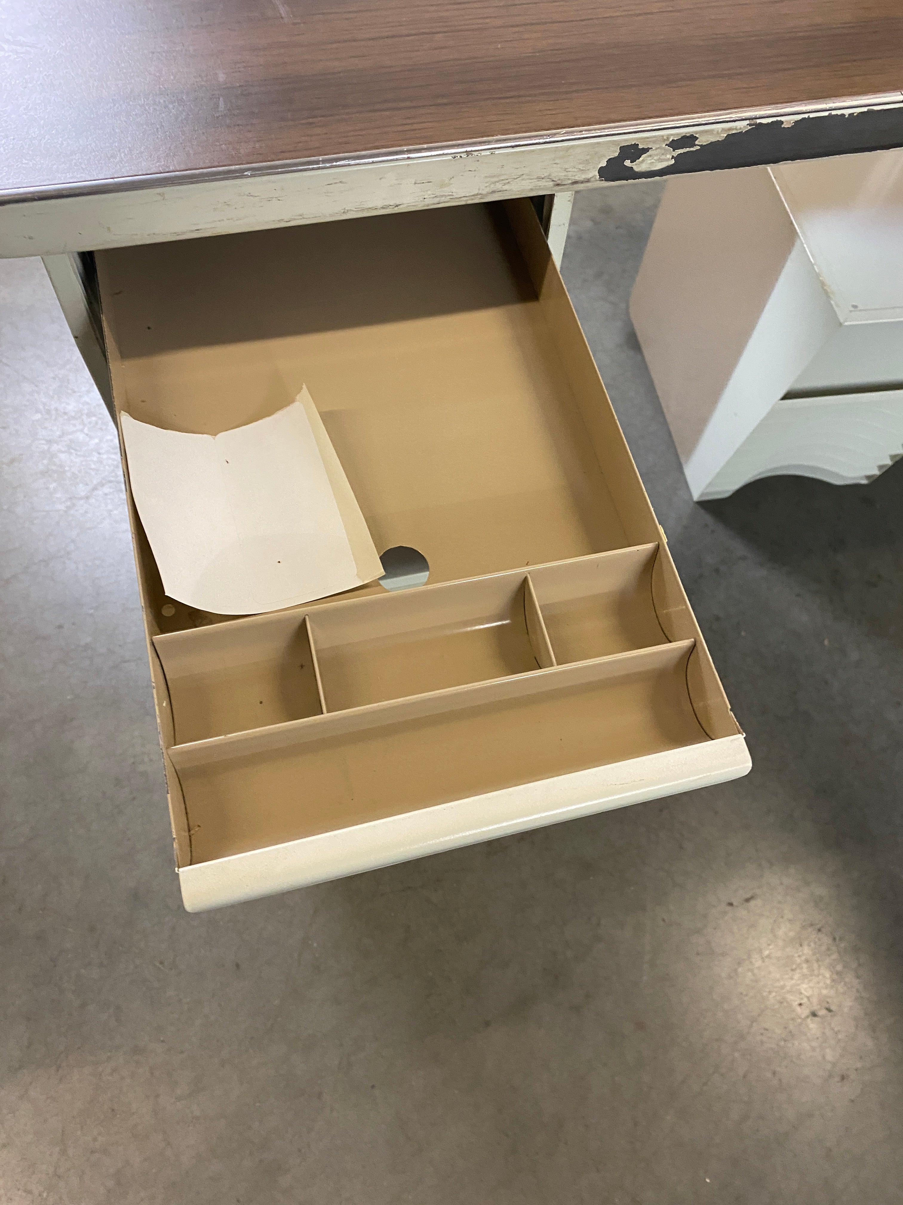 Steelcase White Tanker Desk w/ Wood Grain Top
