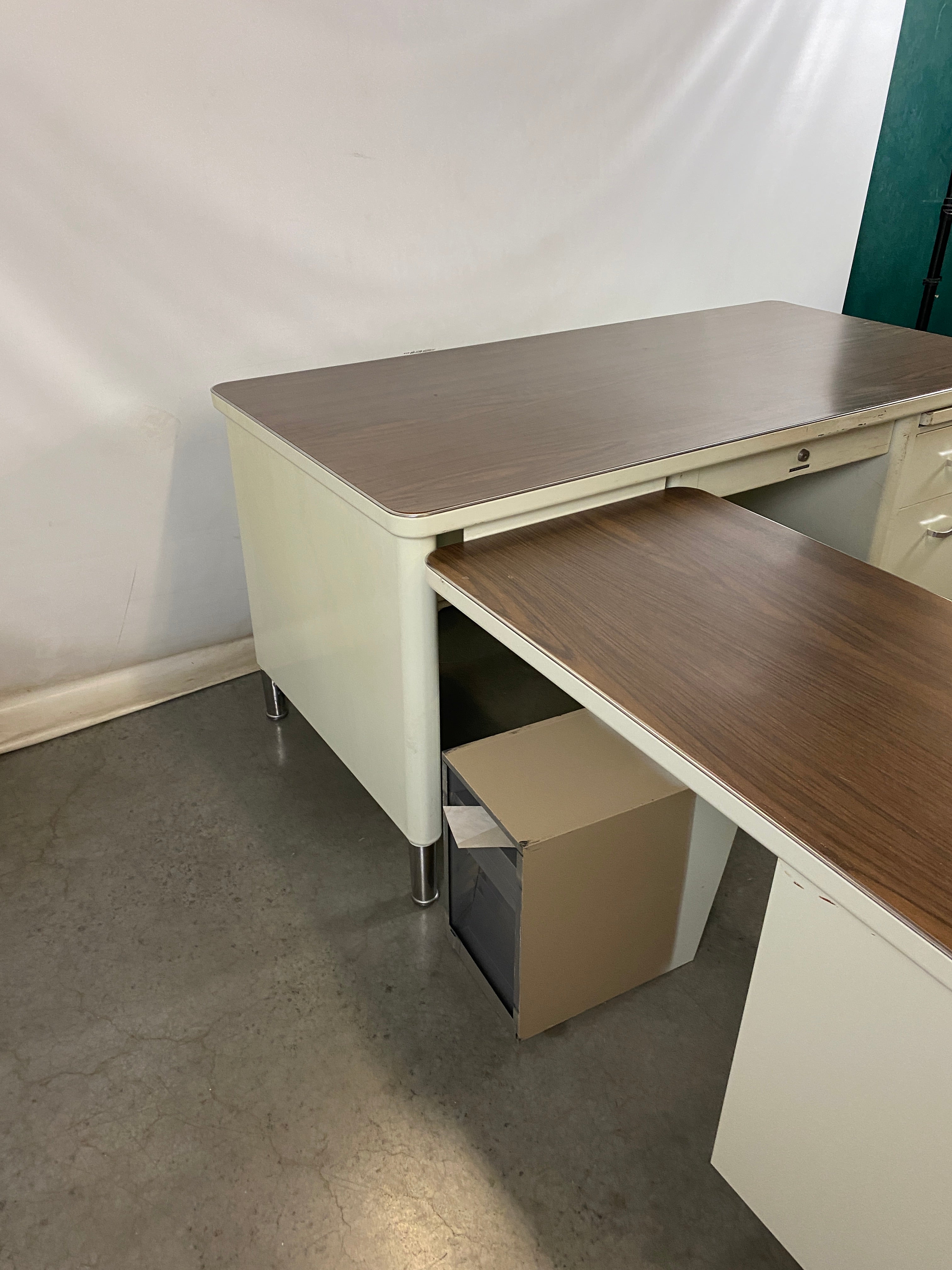 Steelcase White Tanker Desk w/ Wood Grain Top