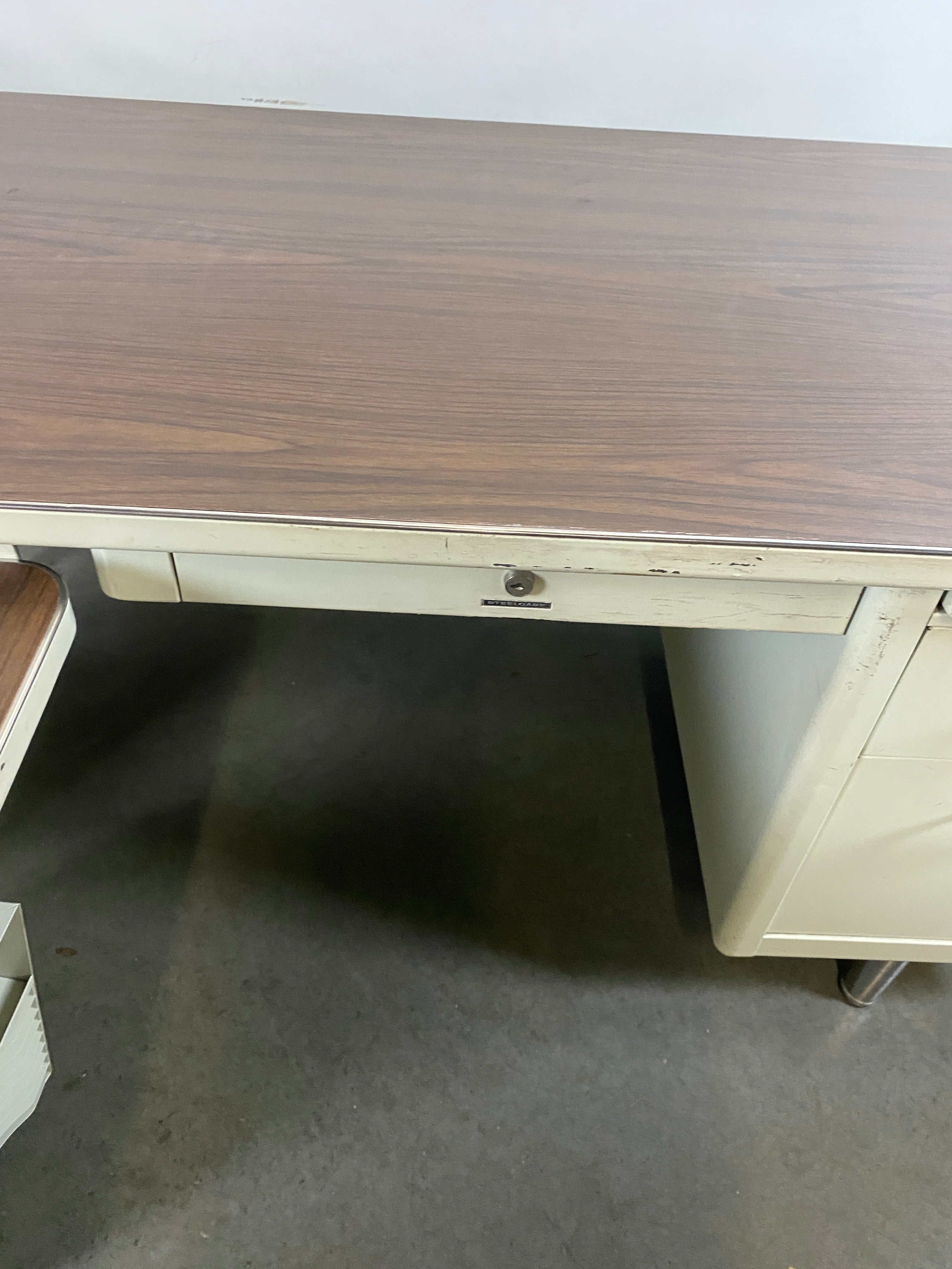 Steelcase White Tanker Desk w/ Wood Grain Top