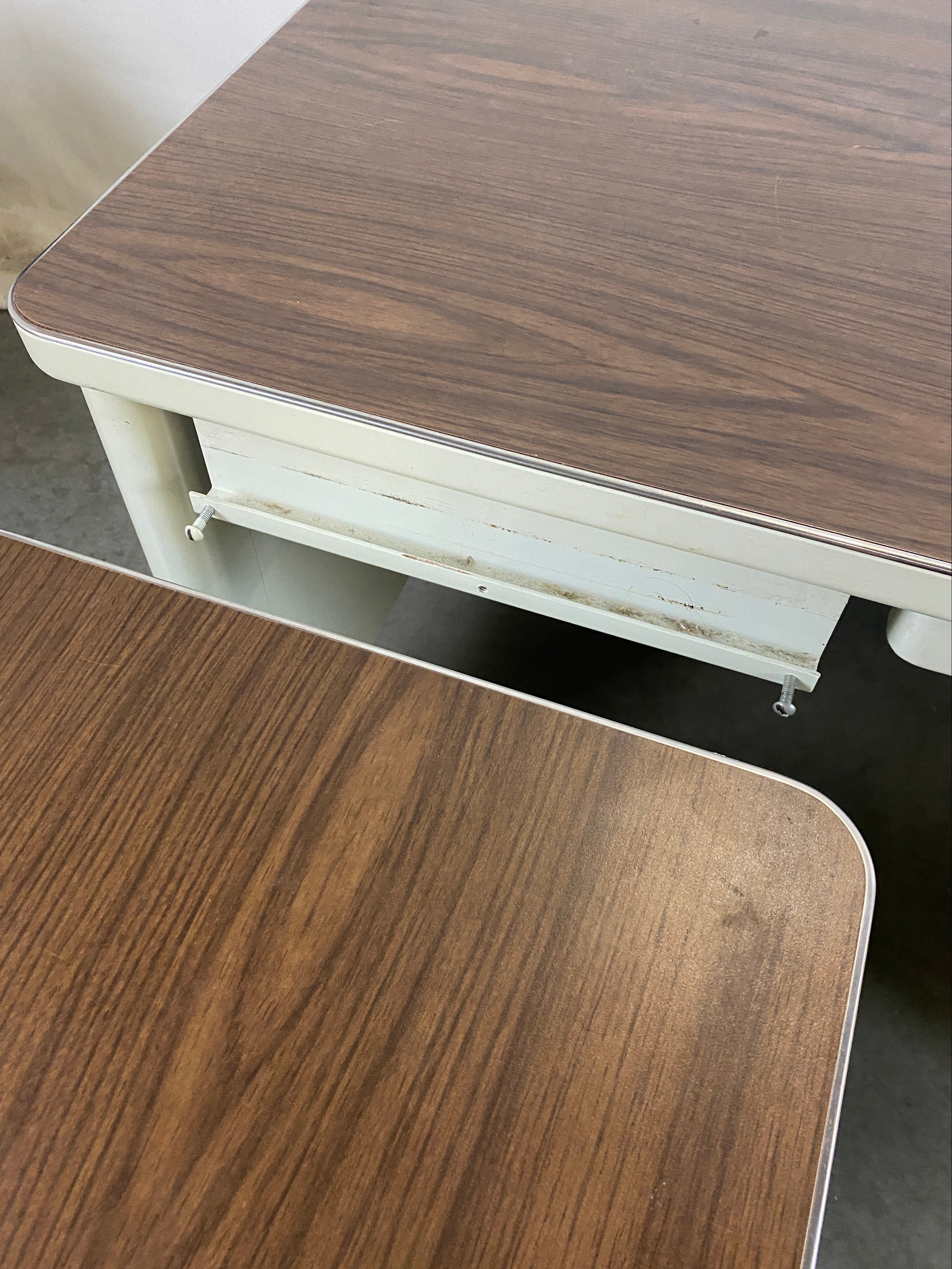 Steelcase White Tanker Desk w/ Wood Grain Top