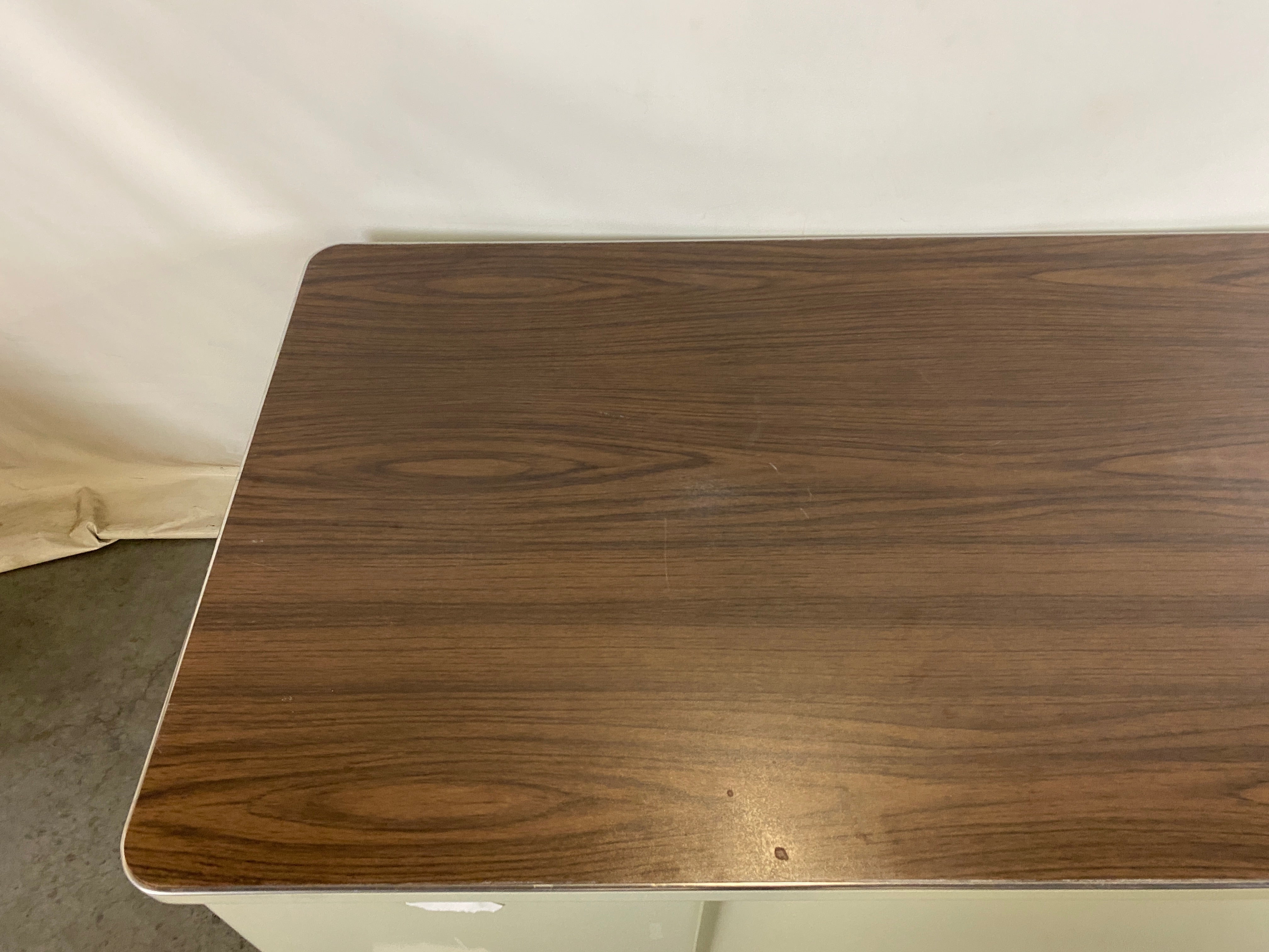 Steelcase White Tanker Desk w/ Wood Grain Top