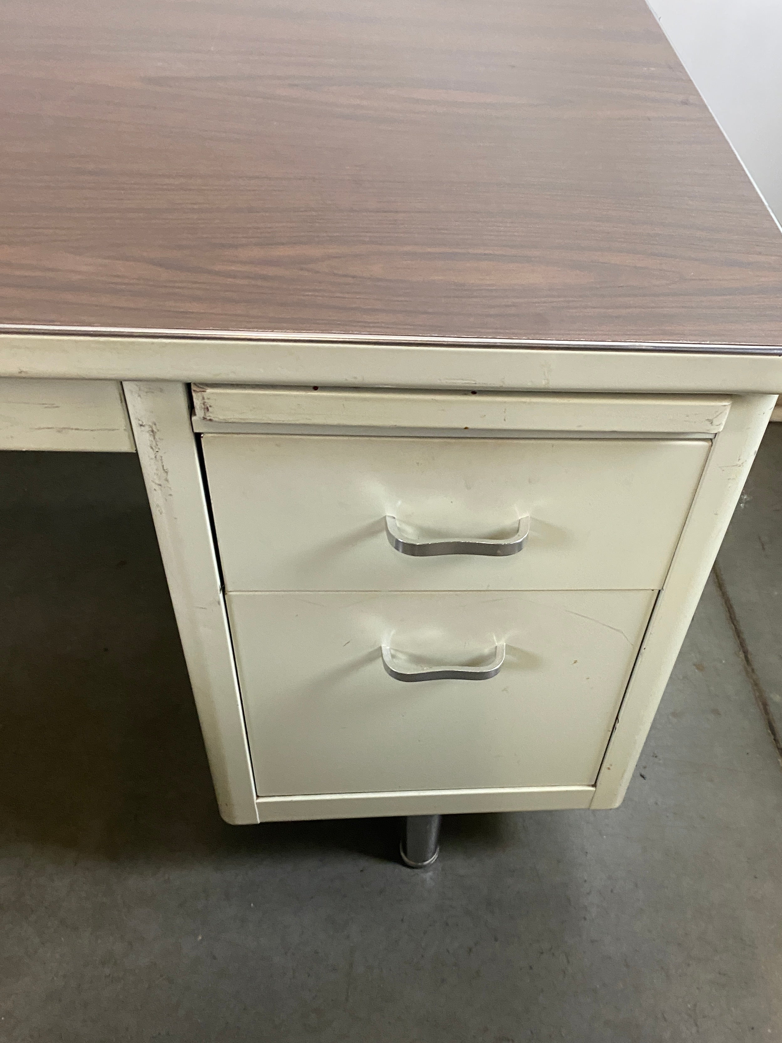 Steelcase White Tanker Desk w/ Wood Grain Top