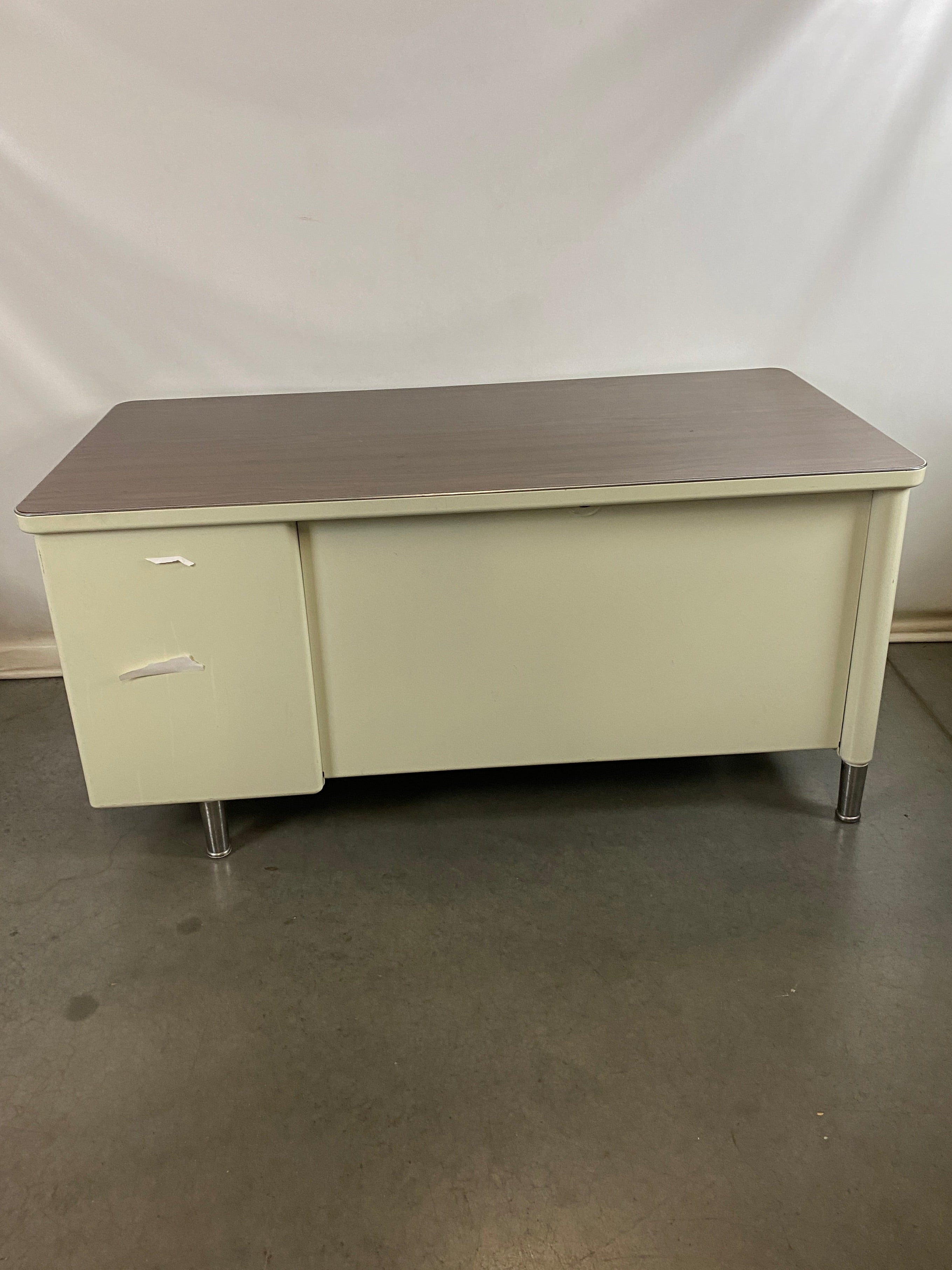 Steelcase White Tanker Desk w/ Wood Grain Top
