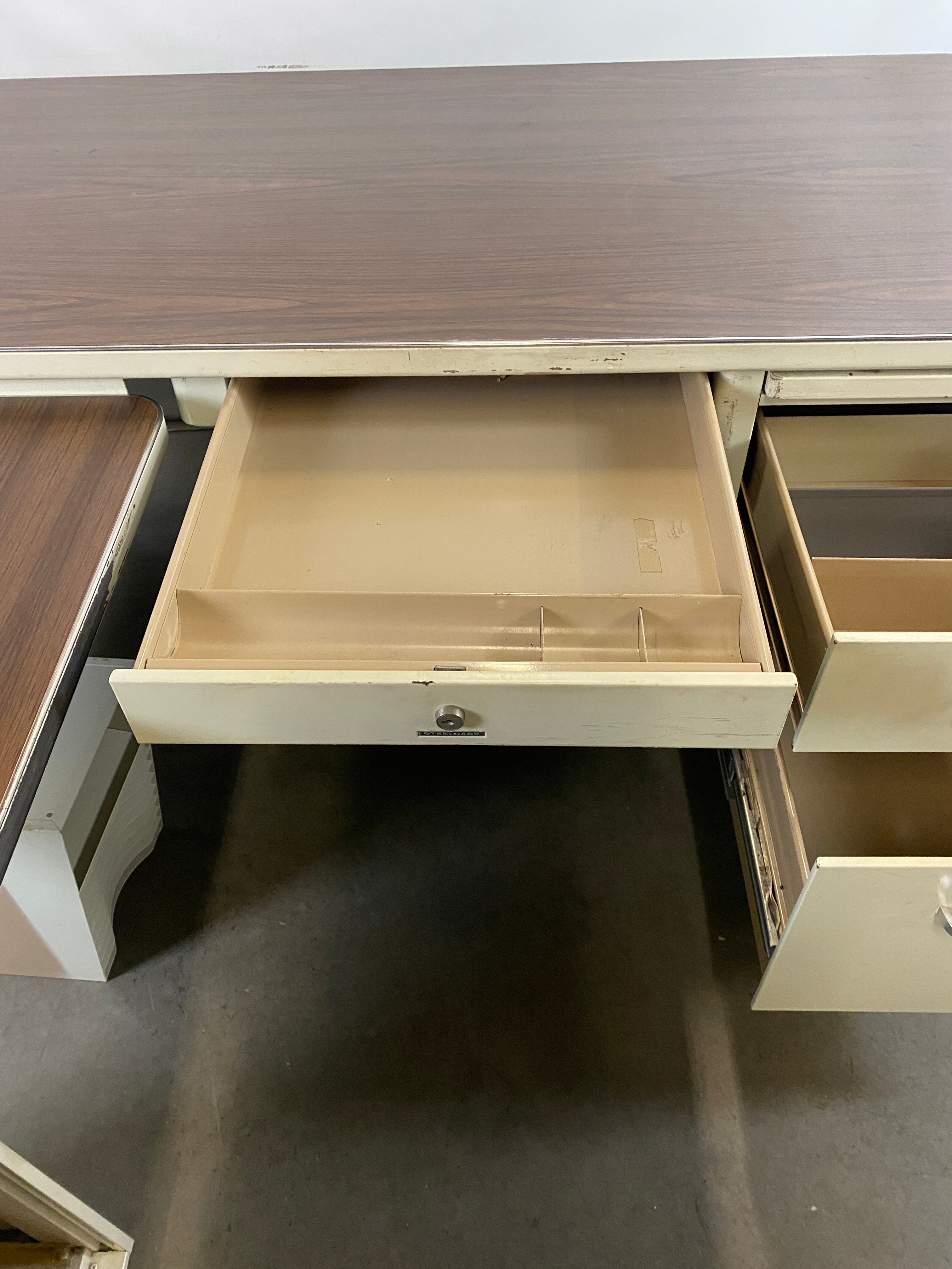 Steelcase White Tanker Desk w/ Wood Grain Top