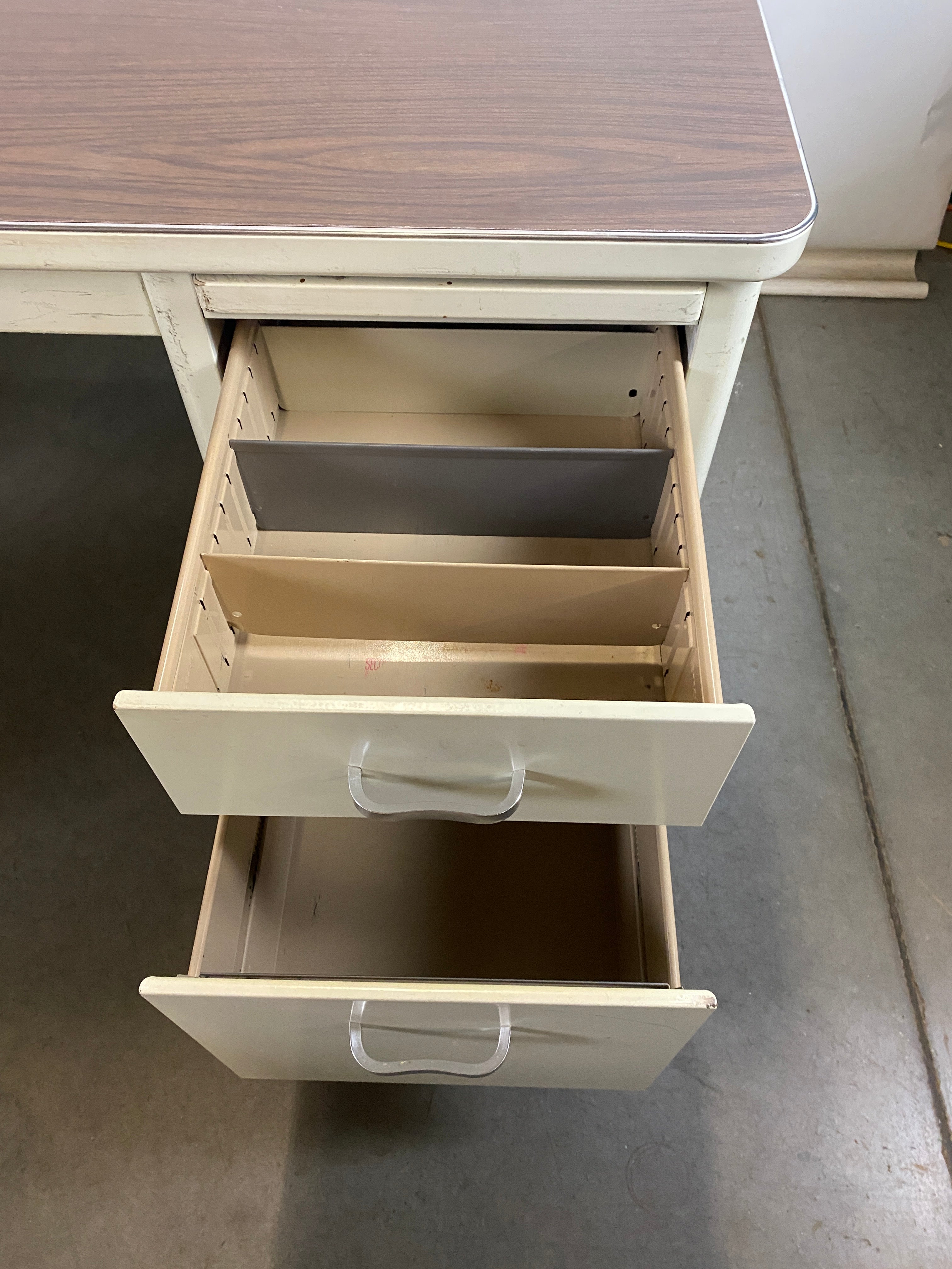 Steelcase White Tanker Desk w/ Wood Grain Top