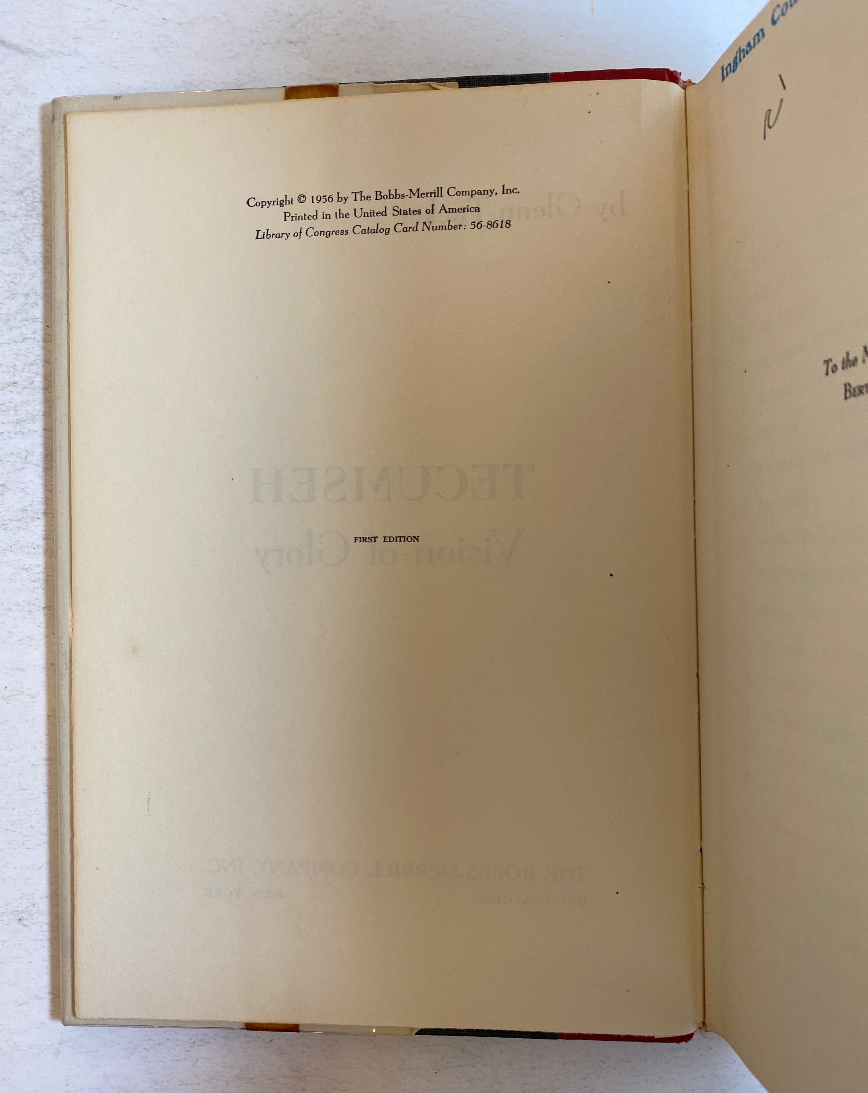 Tecumseh Vision of Glory by Glenn Tucker 1956 1st Edition Ex-Library HC DJ