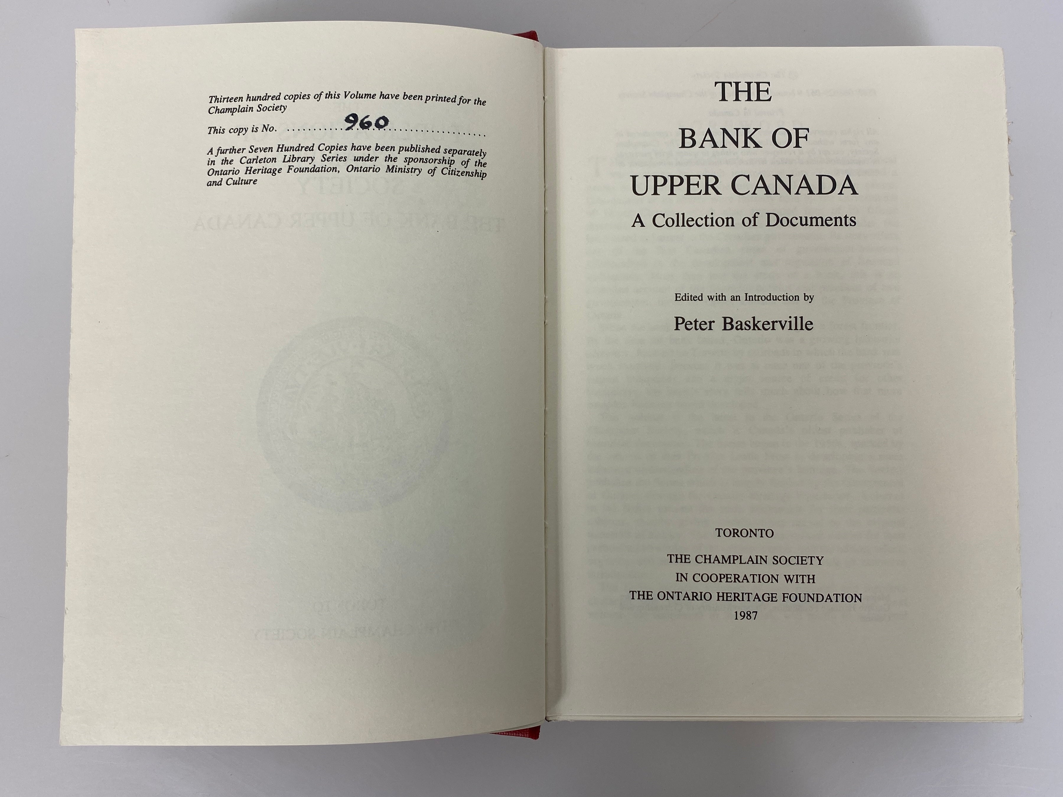 The Bank of Upper Canada by Baskerville 960/1300 The Champlain Society 1987 HC