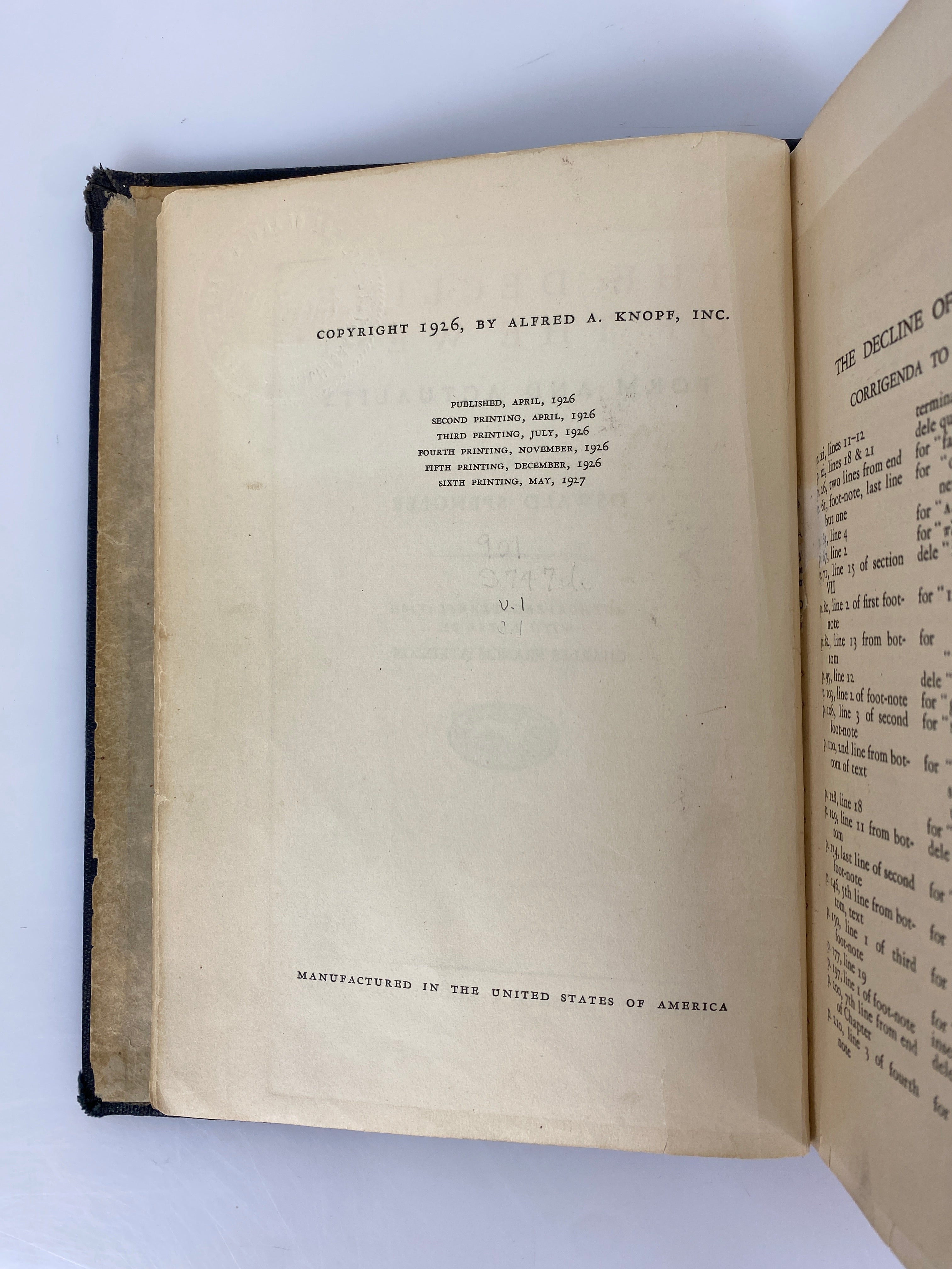 The Decline of the West Form & Actuality by Spengler 1927 6th Print Ex-Library