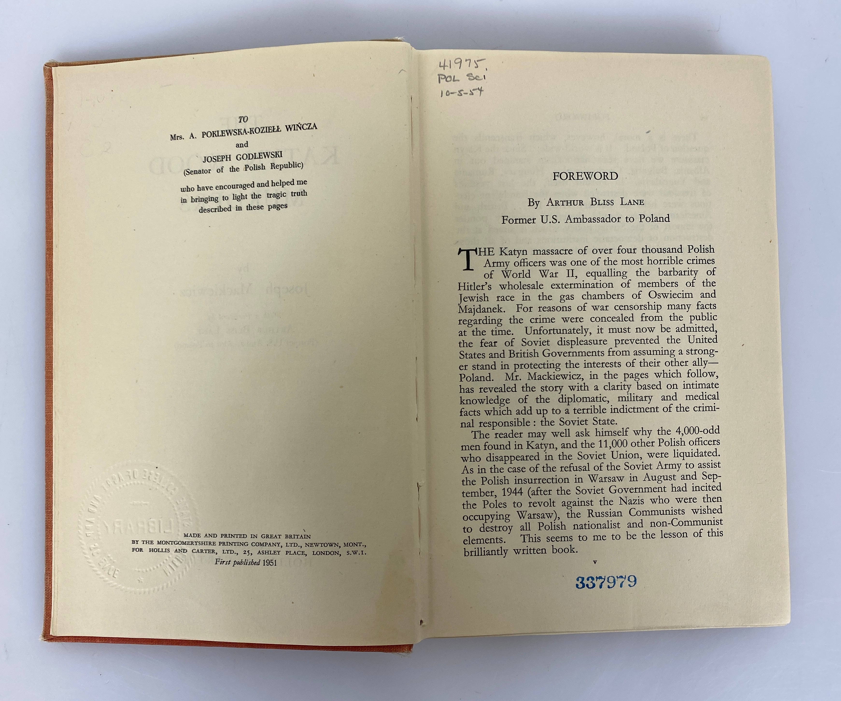 The Katyn Wood Murders by Joseph Mackiewicz 1951 1st Edition Ex-Library HC