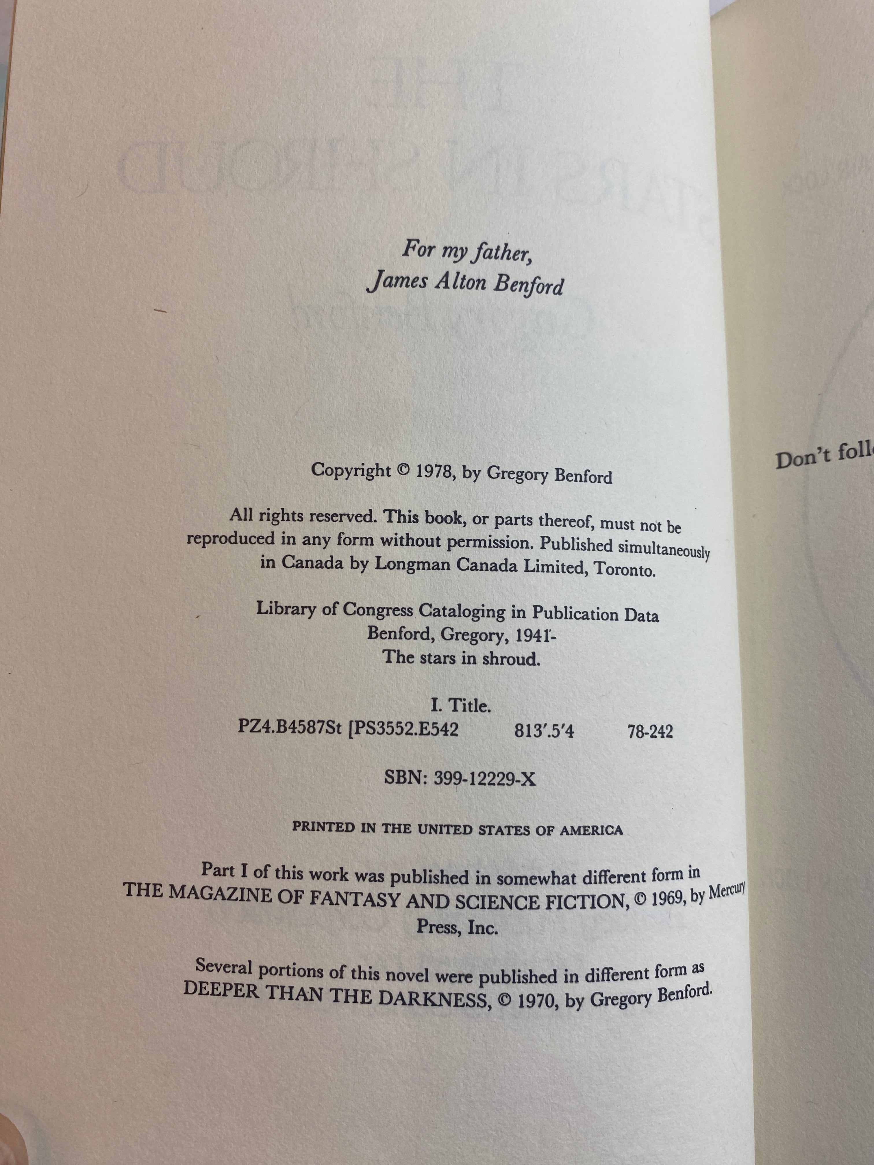 The Stars in Shroud Gregory Benford HCDJ Ex-Lib 1978