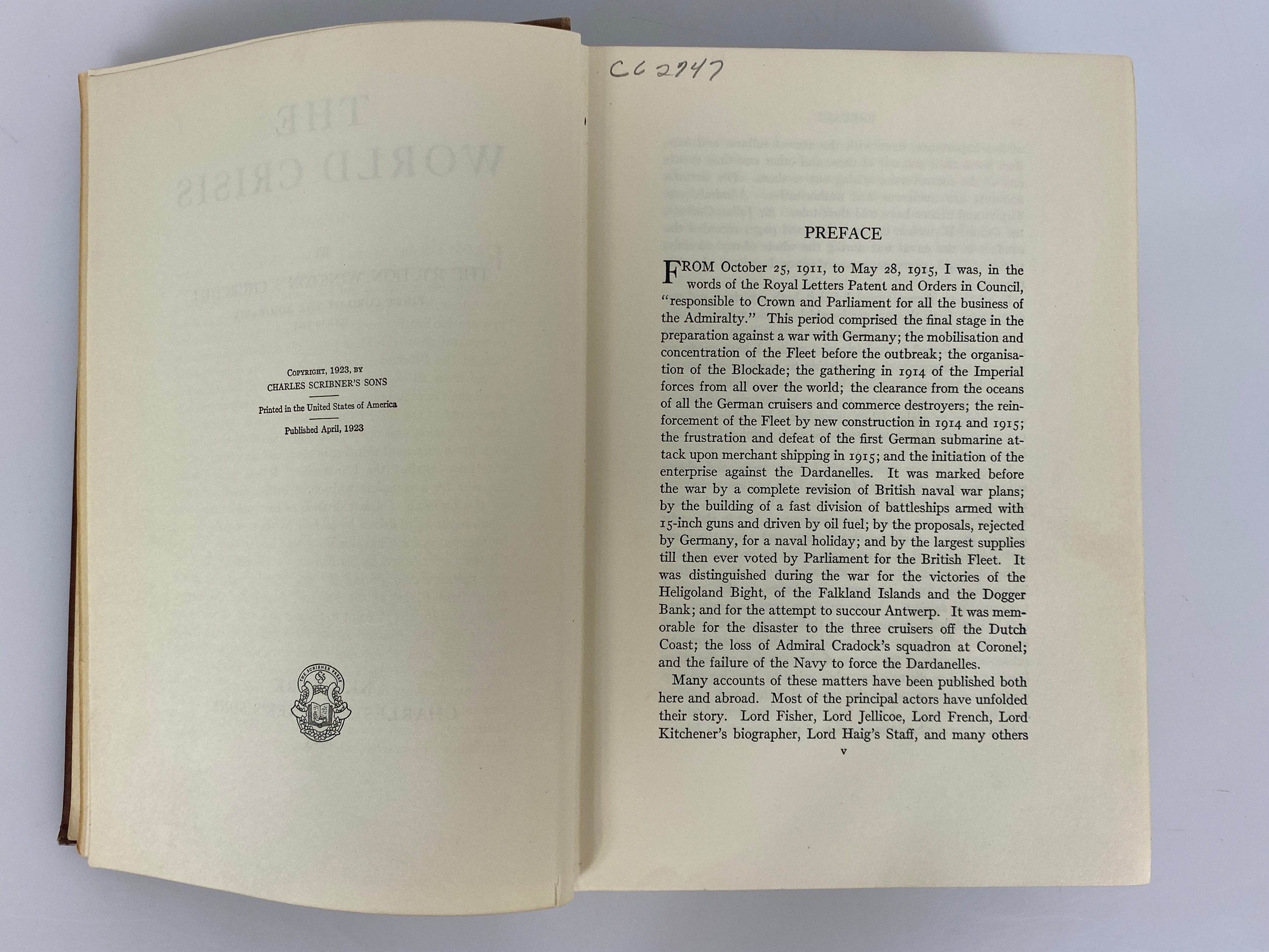 The World Crisis by Winston Churchill April 1923 Antique HC Ex-Library