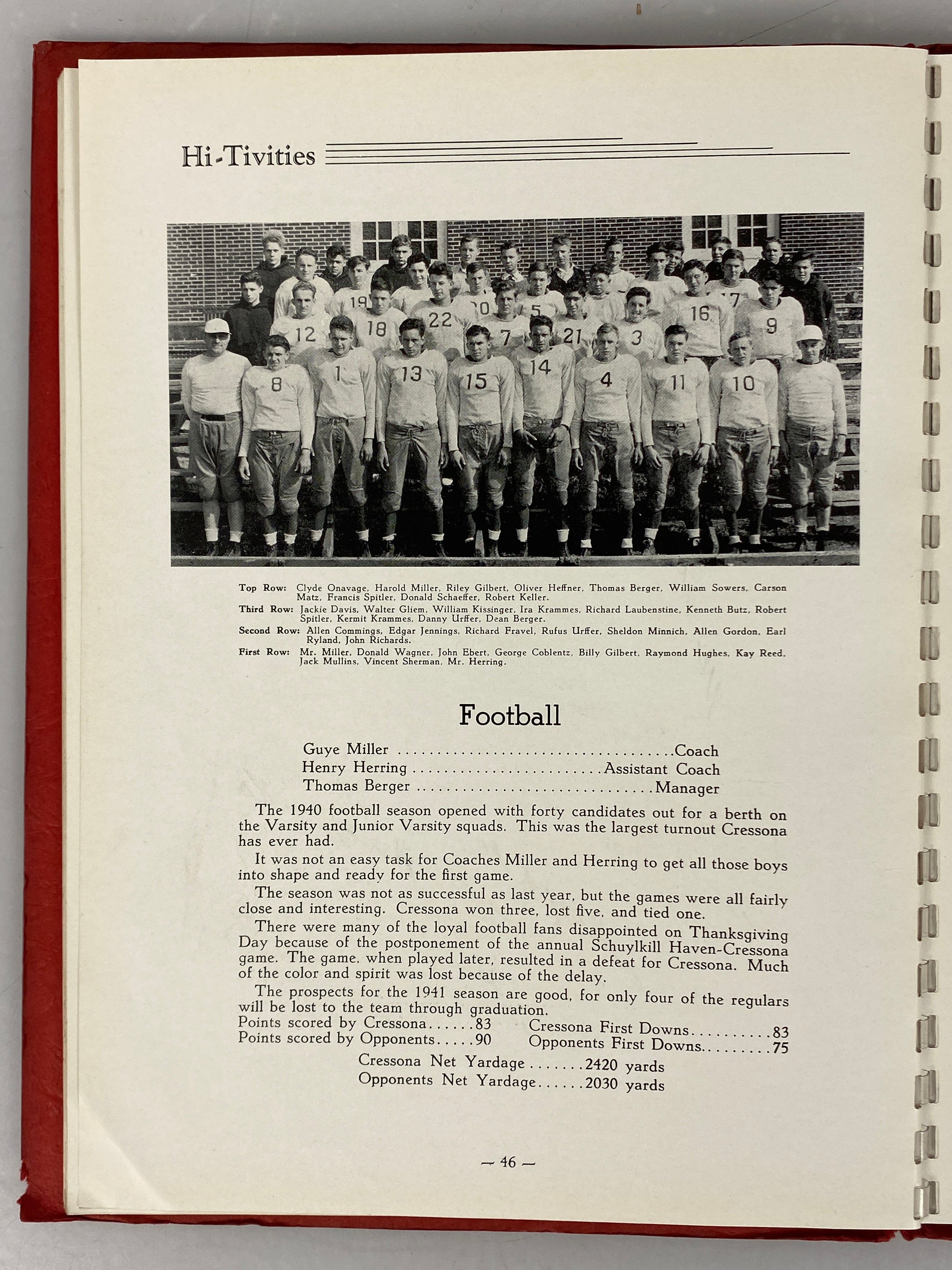1941 Cressona High School Yearbook Cressona Pennsylvania Spiral SC