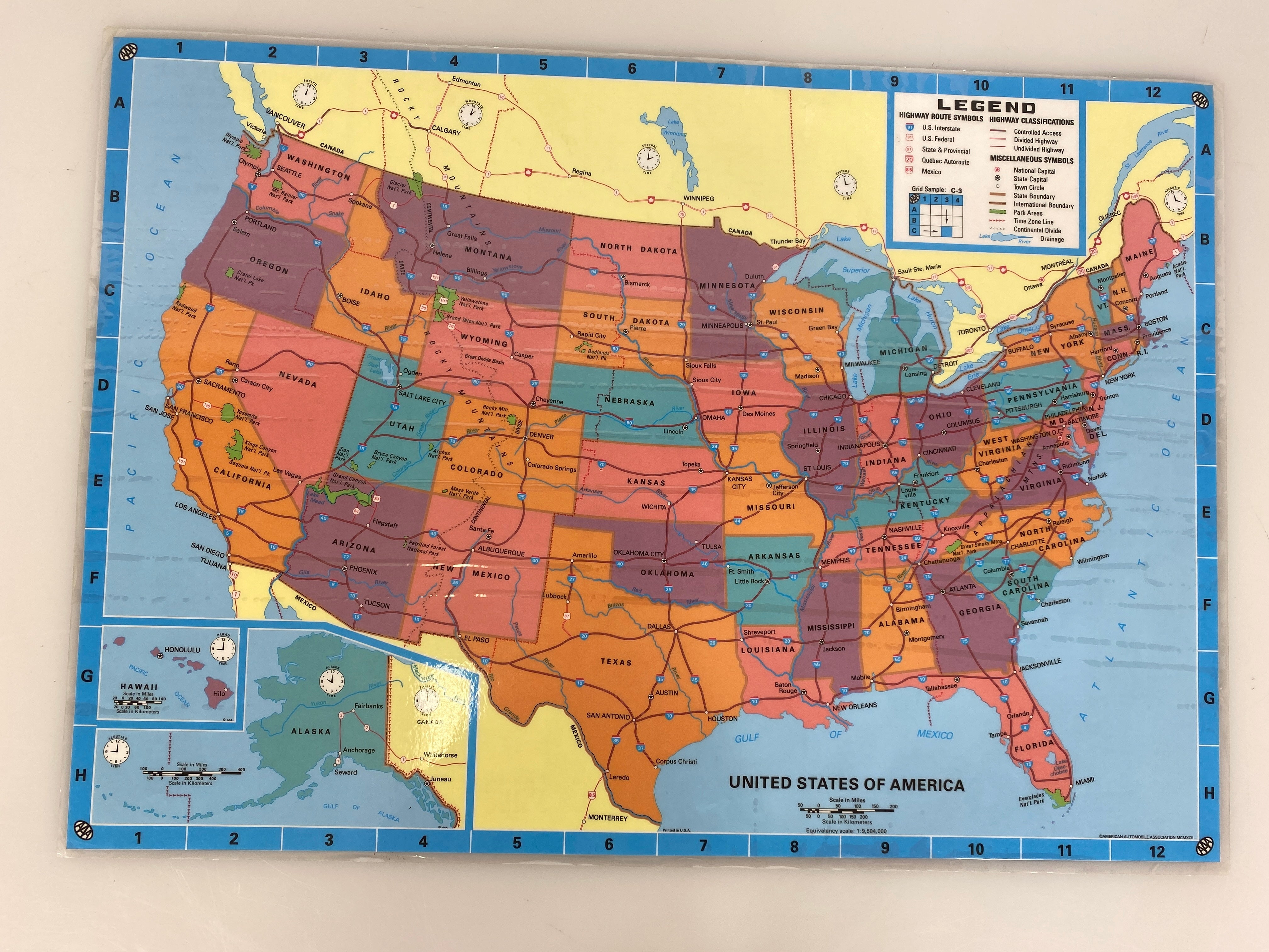 1992 AAA Laminated Washington DC & USA Map/Placemat 14.5in x 20.5in