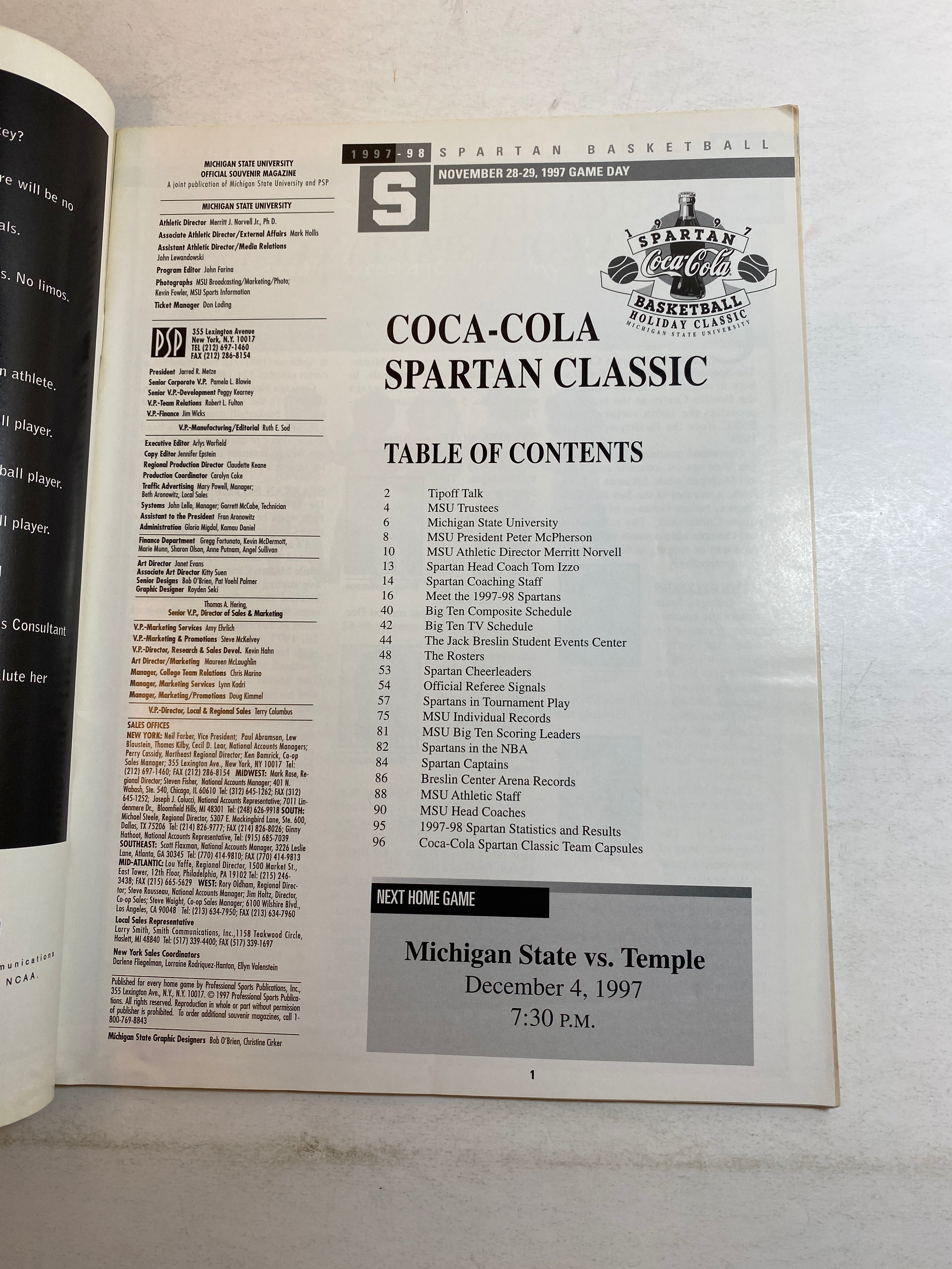 1997 Michigan State Coca-Cola Classic Program Izzo